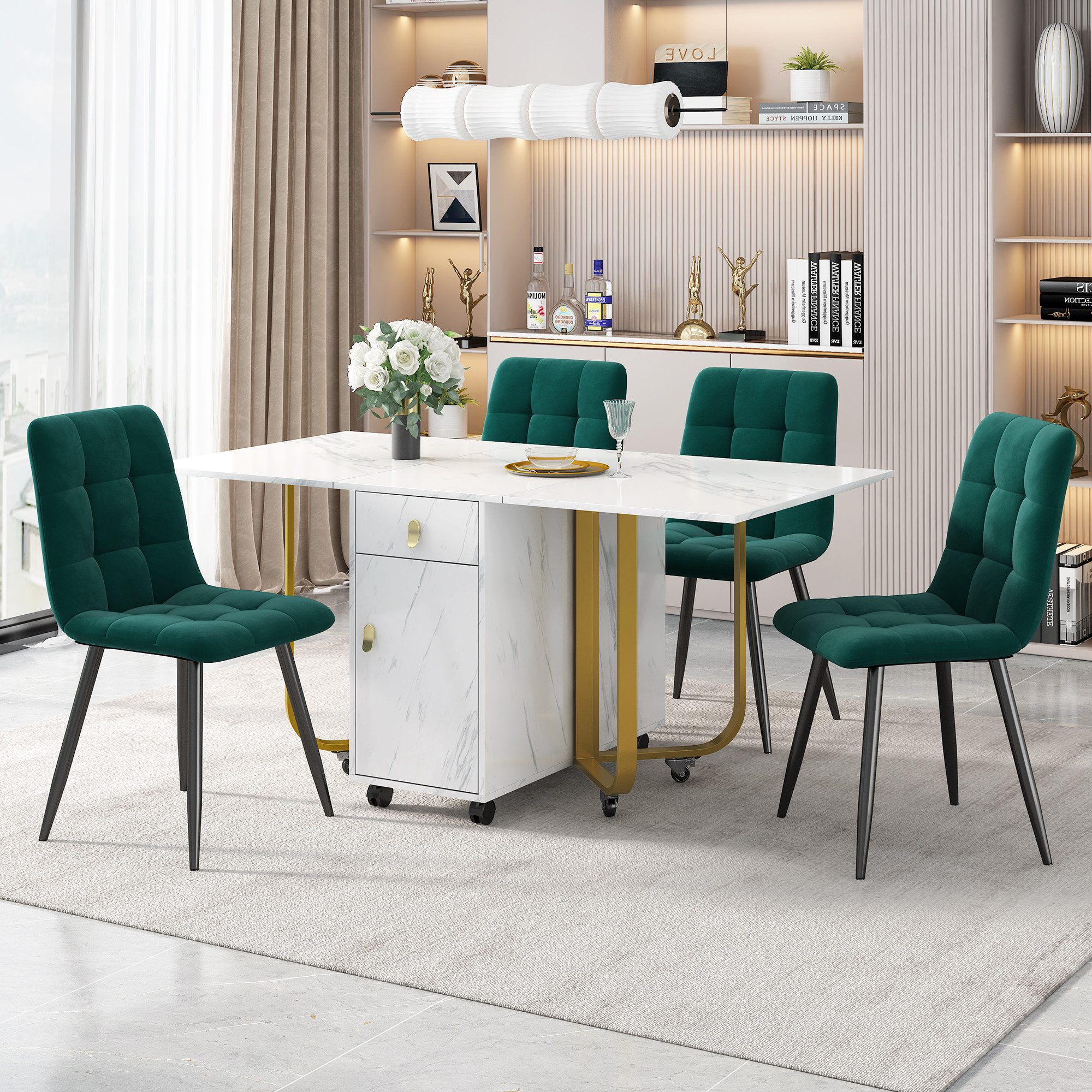 Celya Essgruppe Klappbarer Küchentisch Set, (Esstisch mit 4 Stühlen), Esszimmerstuhl Samt, MDF Tischplatte und Metallbeine