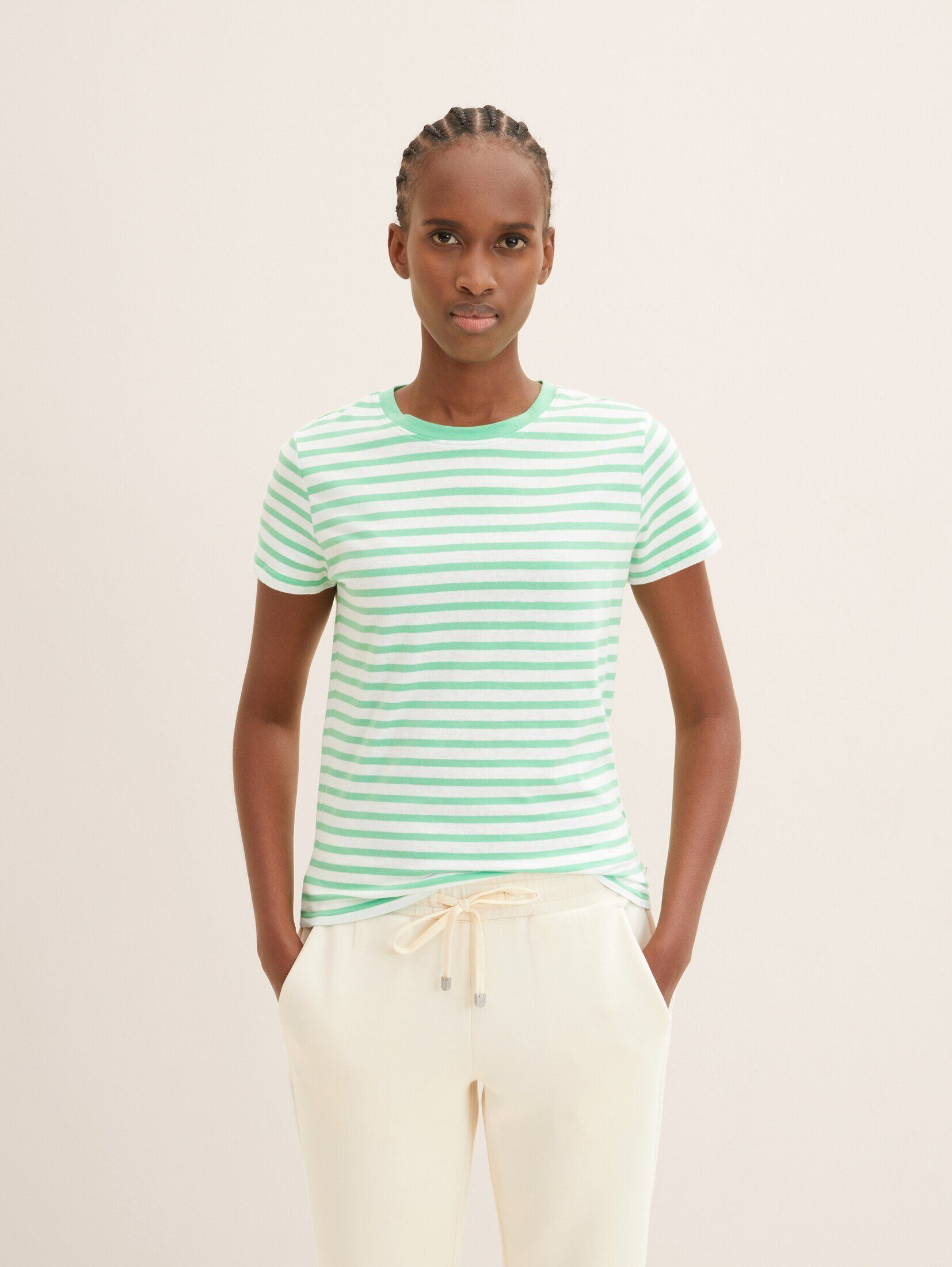 TOM TAILOR Denim Langarmshirt Gestreiftes T-Shirt white green stripe