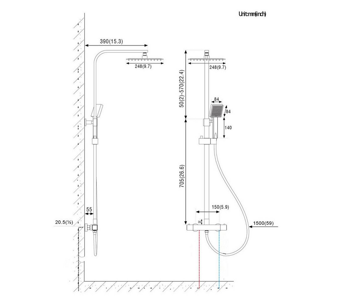 Thumbnail - Auralum Max Duschsystem Duschsäule mit Thermostatmischer aus Edelstahl, Höhe 127 cm, 2 Strahlart(en), höhenverstellbar v...