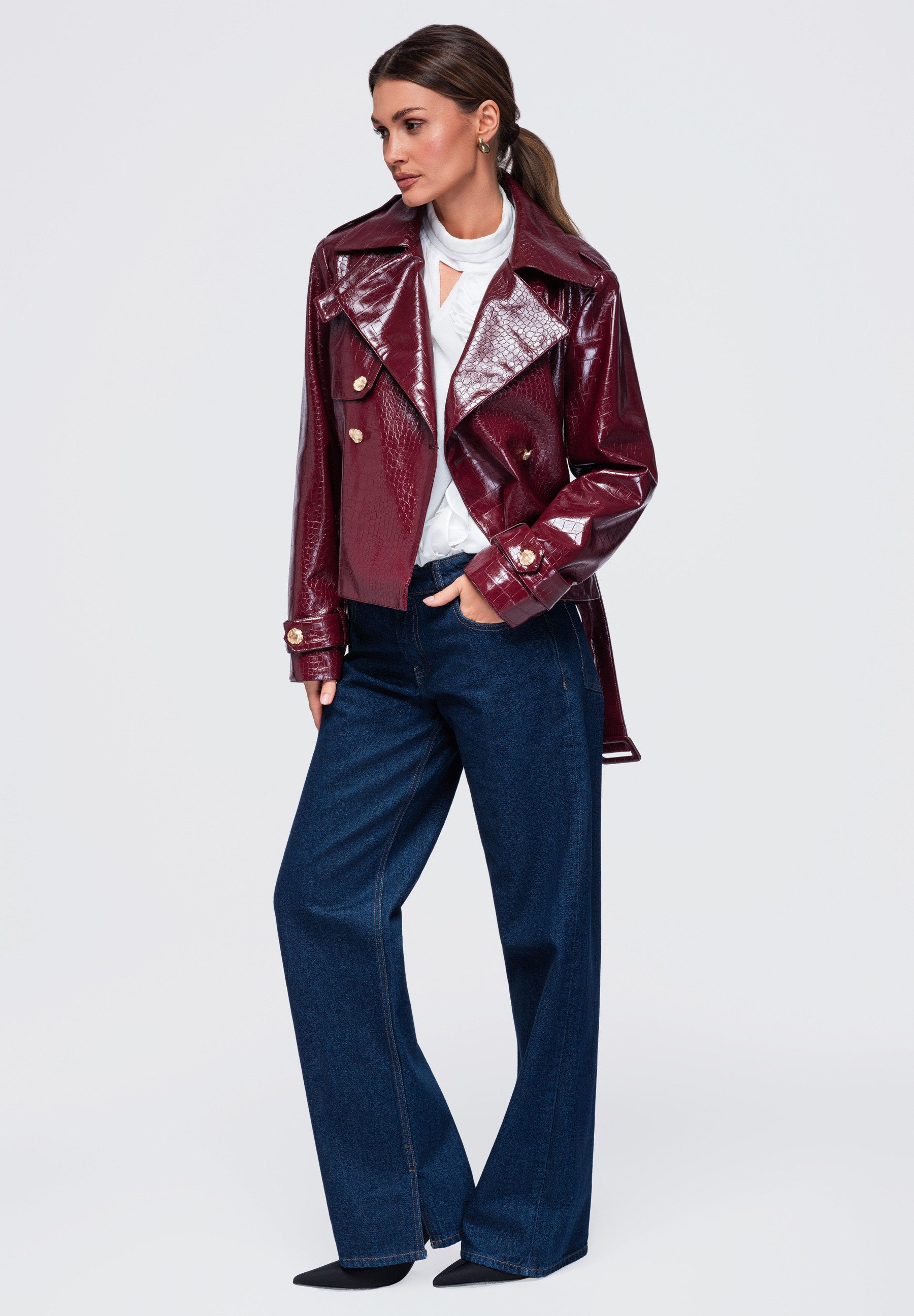 OMBRE Lederimitatjacke Damen Lederimitatjacke mit Taillengürtel Bordeaux M (kein Set, 1-St)