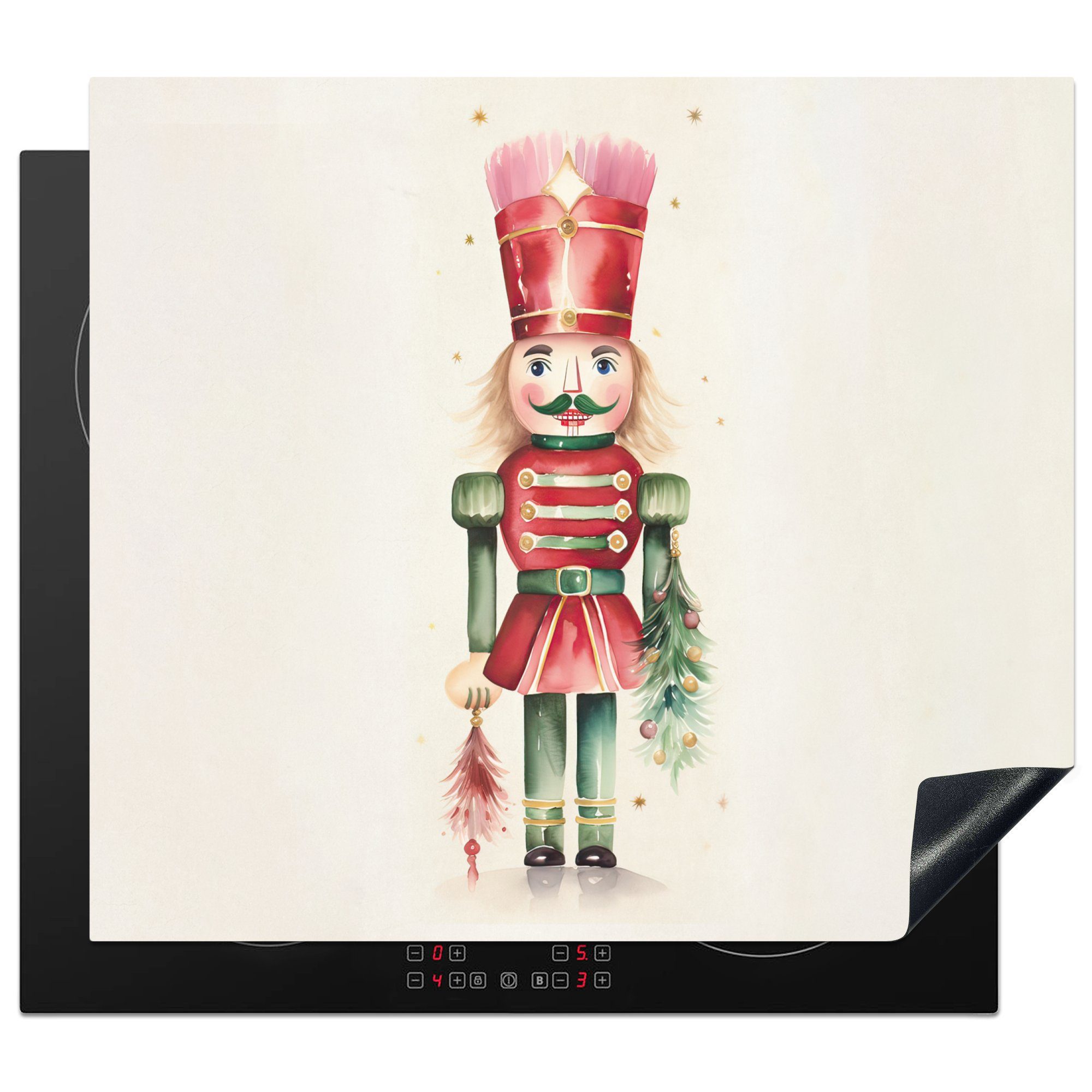 MuchoWow Herdblende-/Abdeckplatte Nussknacker - Weihnachten - Rot - Aquarell - Feiertage, Vinyl, (1 tlg), 60x52 cm, Mobile Arbeitsfläche nutzbar, Ceranfeldabdeckung