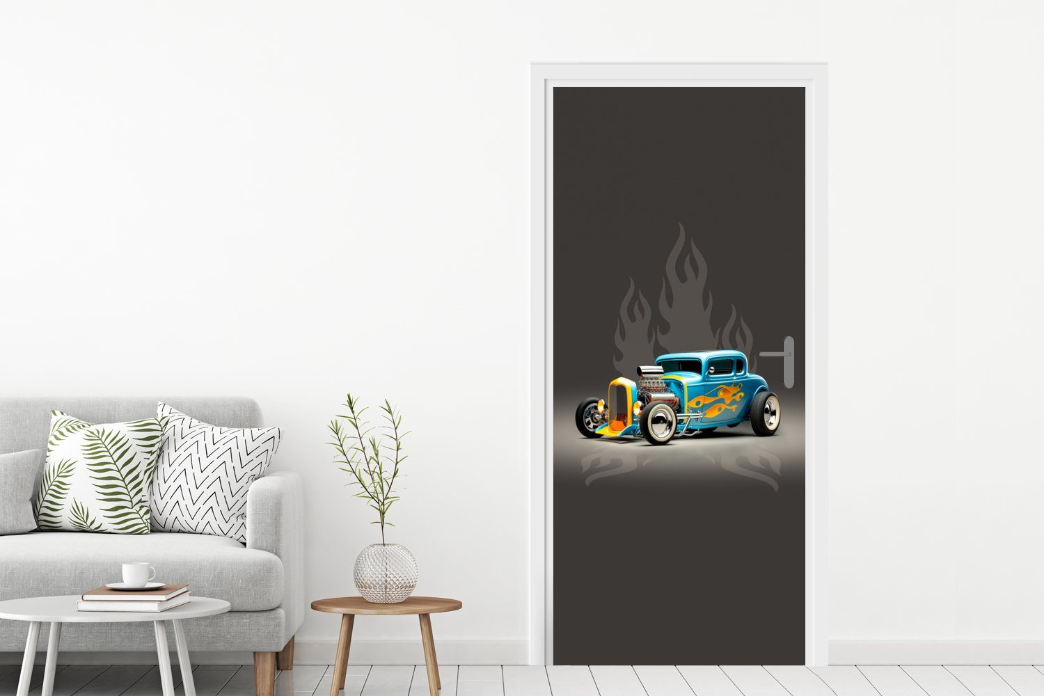 MuchoWow Türtapete Auto - Oldtimer - Flammen - Blau, Matt, bedruckt, (1 St), Selbstklebende Tapete, Folie für Möbel, 75x205 cm