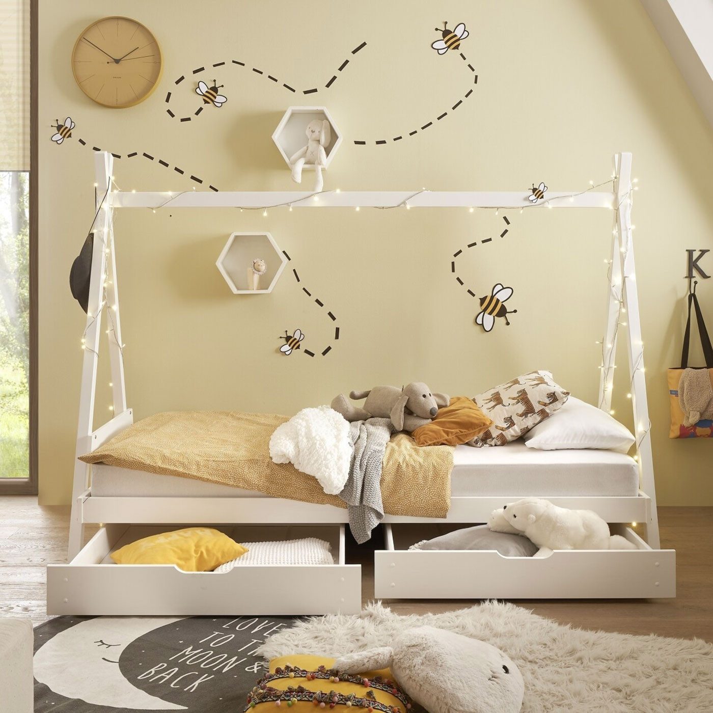 Möbel Akut Kinderbett Kinderbett Sora mit Bettkästen Kiefer massiv weiß Liegefläche 90x200cm