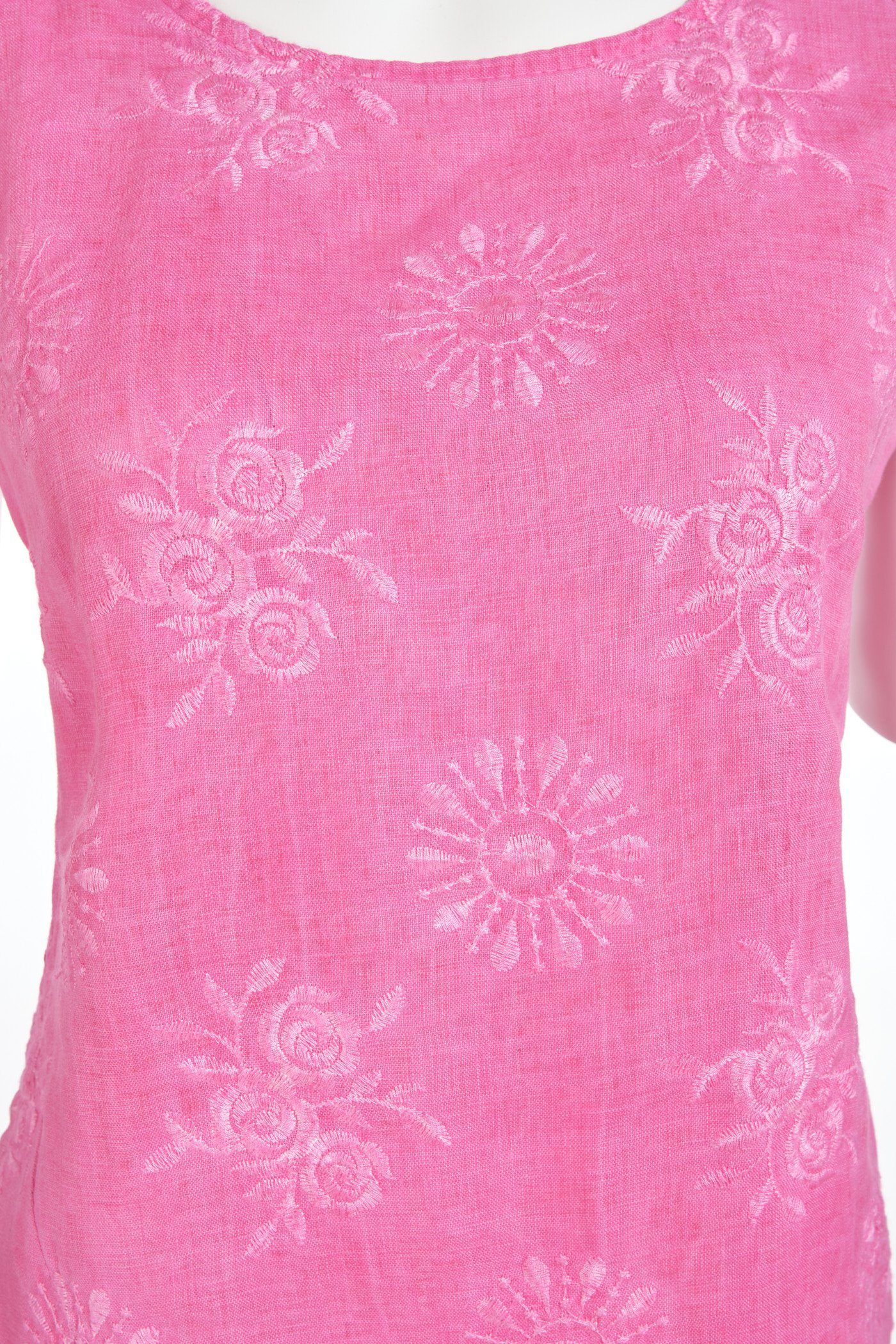 PEKIVESSA Sommerkleid Leinenkleid Damen knielang kurzarm (1-tlg) v2-pink mit Stickerei