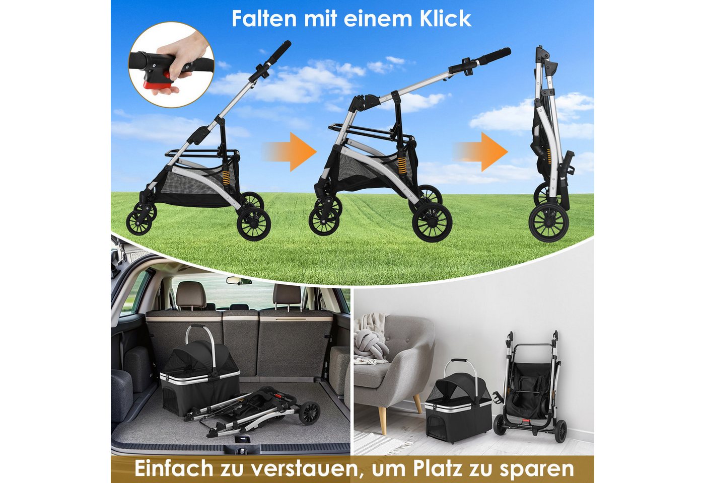Thumbnail - TLGREEN Hundebuggy klappbar, Leichtes Aluminium Gestell und atmungsaktives Mesh, (Hundewagen, Stoßfest & platzsparend fü...