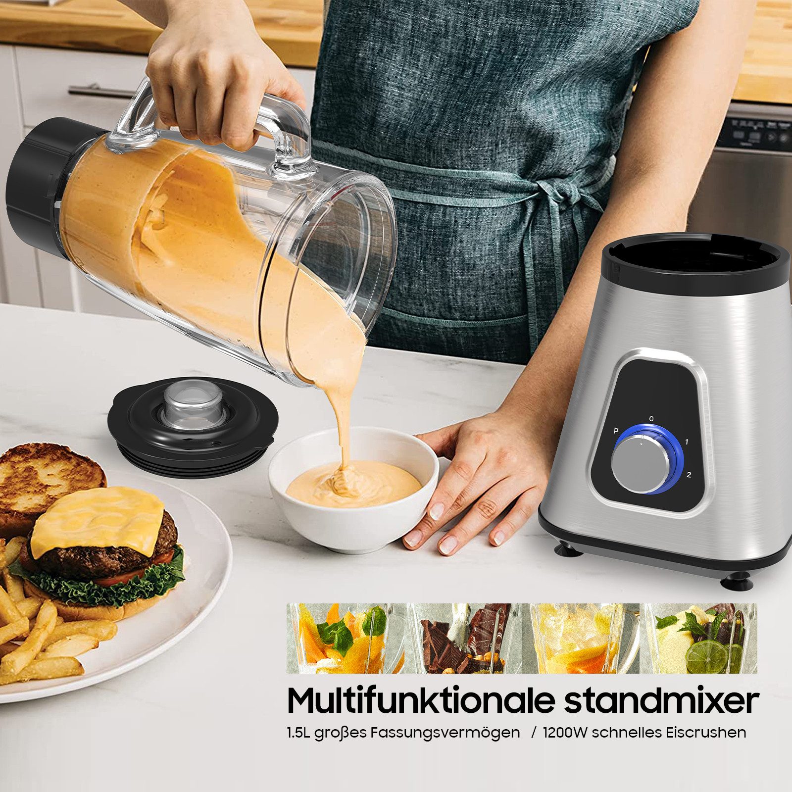 Comfy Mate Standmixer Kompakt 2-in-1 Standmixer Smoothie Maker, mit 600ml To-go Becher, 1300 W, Abnehmbare Klinge, 2 Geschwindigkeiten, mit Ice Crush & Pulse-Funktion