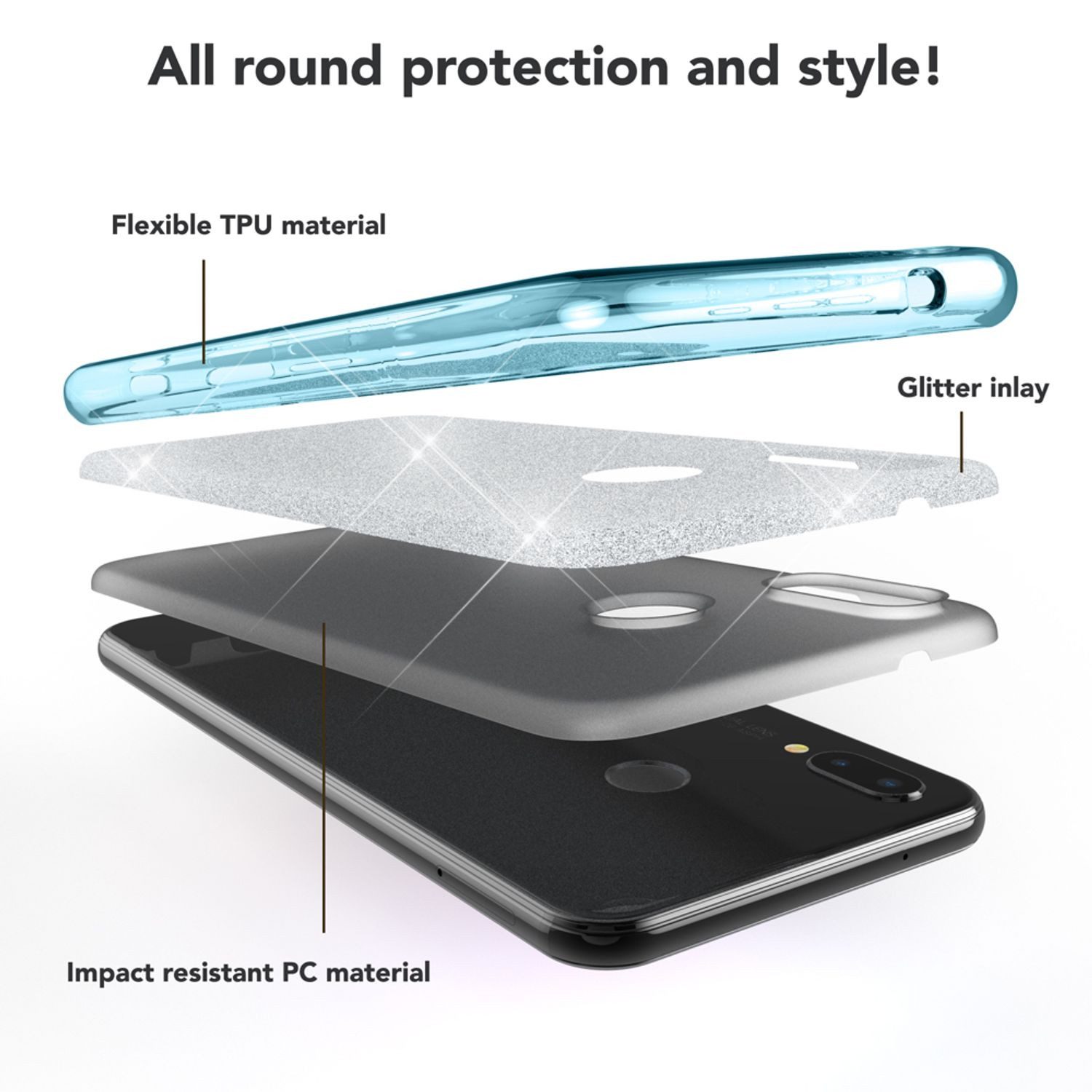 Nalia Smartphone-Hülle Huawei P20 Lite 14,7 cm (5,8 Zoll), Glitzer Silikon Hülle / Verstärkte Innenseite / Glänzende Schutzhülle