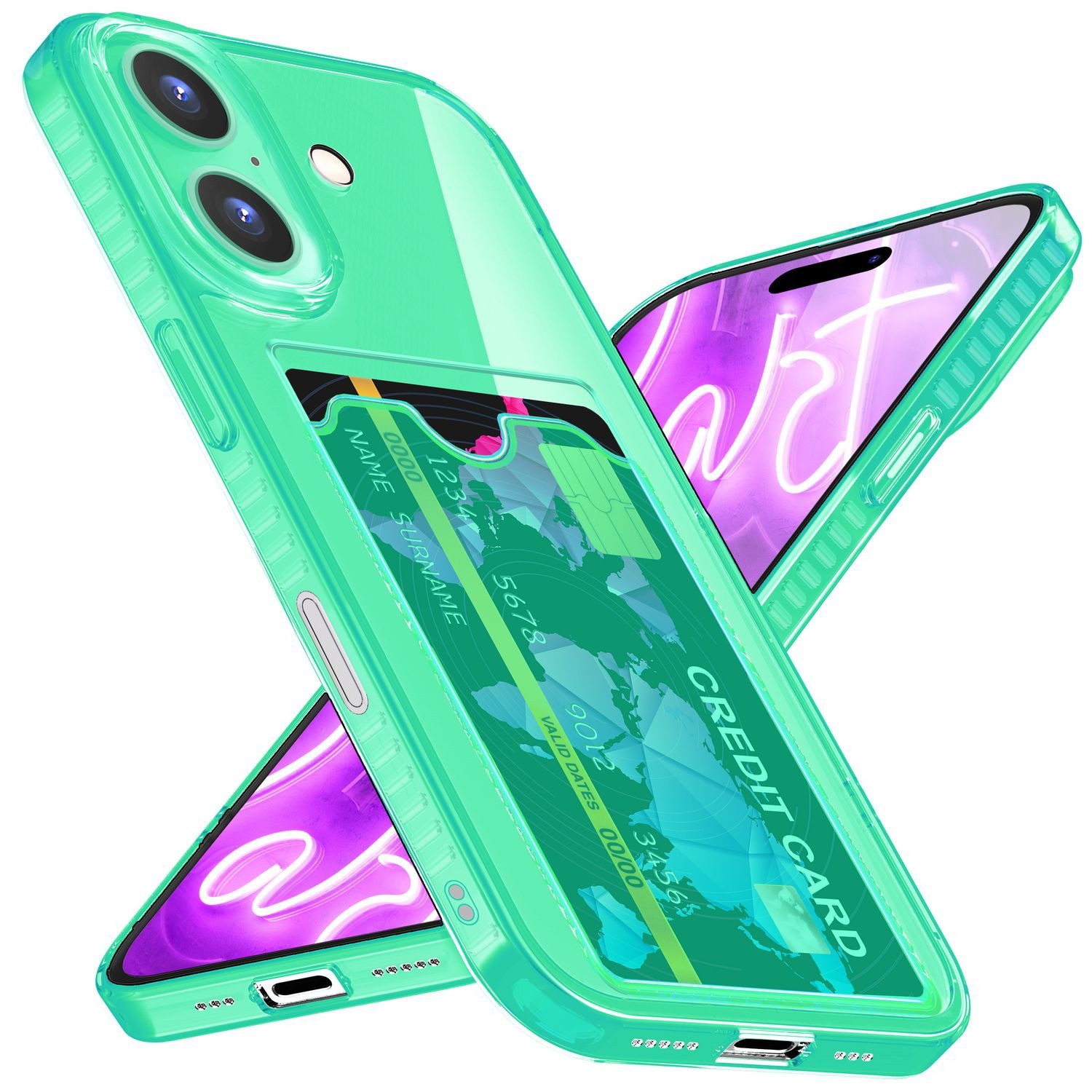 Nalia Smartphone-Hülle Apple iPhone 16 15,5 cm (6,1 Zoll), Klare Neon Silikon Hülle mit Kartenfach / Durchsichtig Bunt Leuchtend