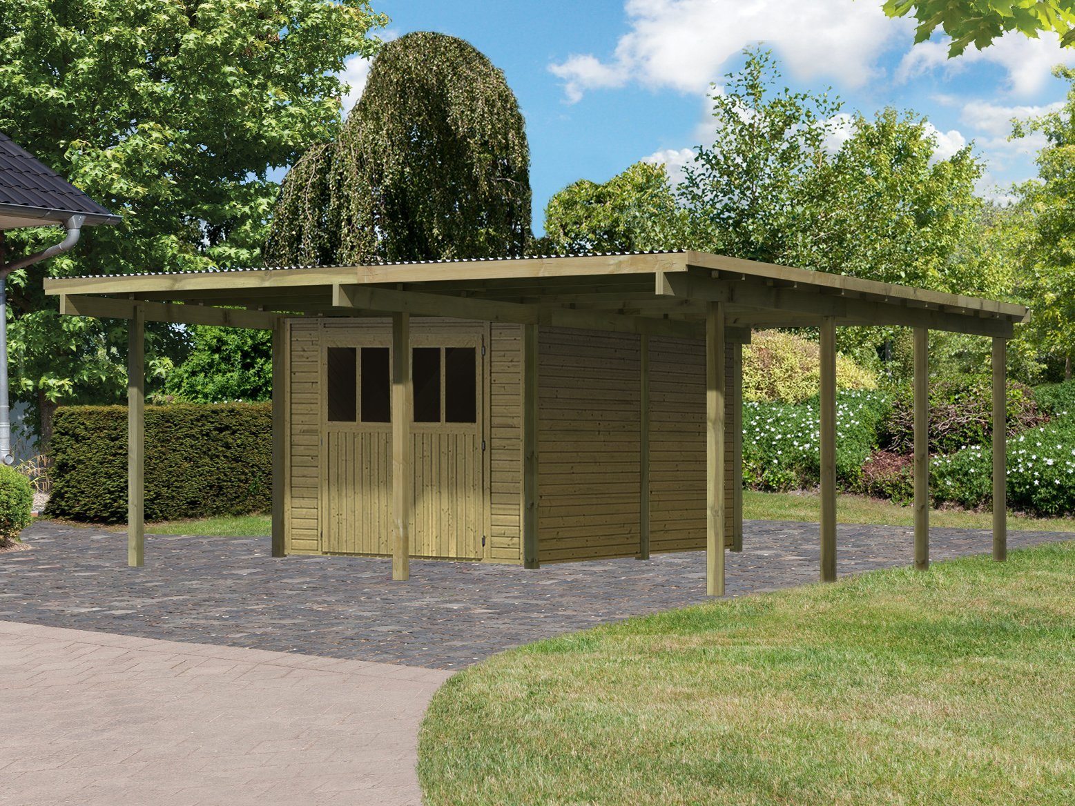 Karibu Doppelcarport Eco 2, BxT: 563x676 cm, 206 cm Einfahrtshöhe, (Set), mit Geräteraum