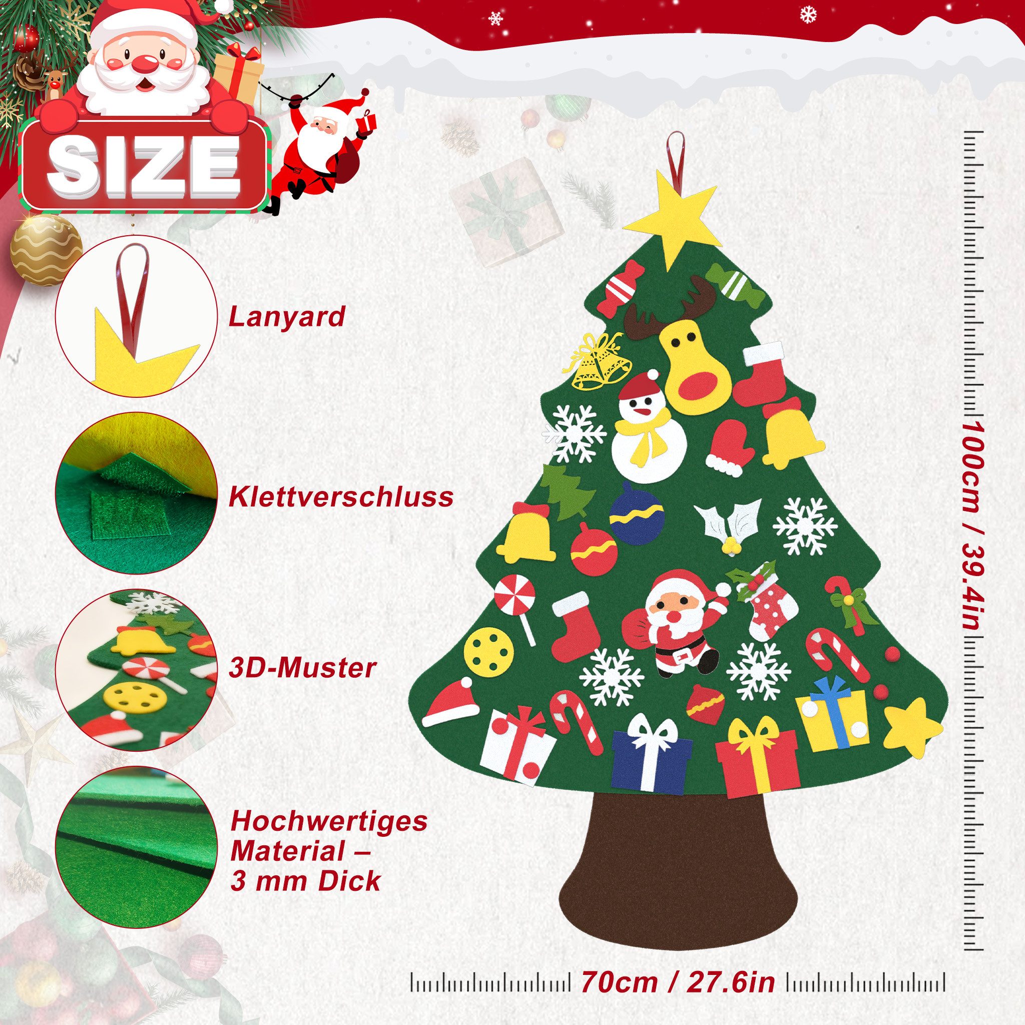 FIVMEN Künstlicher Weihnachtsbaum DIY Filz-Tannenbaum Filzchristbaum Deko 3 Stile, Filz-Tannenbaum, mit 36 Stück Abnehmbaren Ornamenten – Bild 2 von 5
