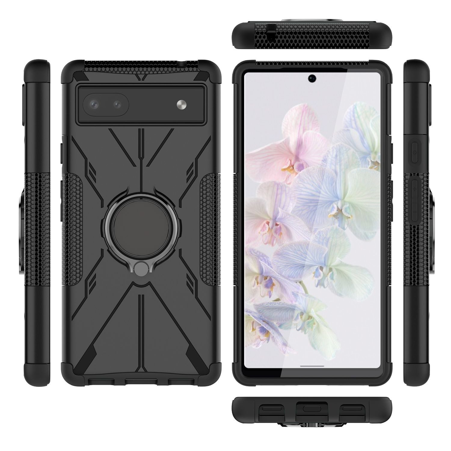 Wigento Handyhülle Für Google Pixel 6a Design Ring Hybrid Cover Handy Hülle Etuis Schwarz