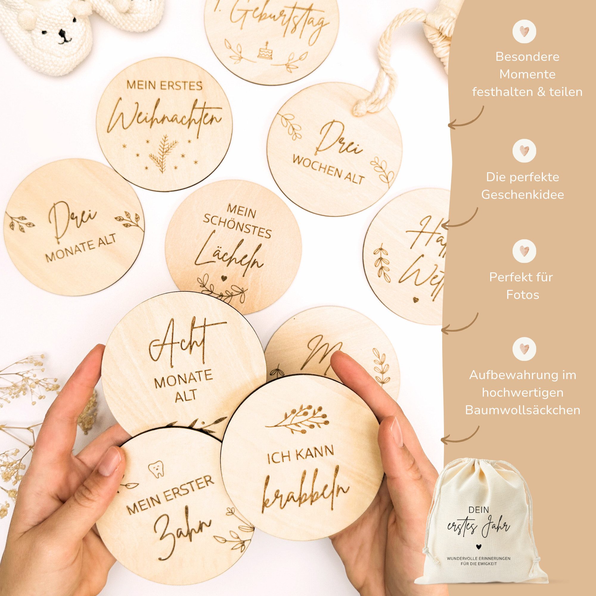 MeinBaby123® Geburtskarte 40 nachhaltige Baby Meilensteine aus Holz inkl. Baumwollsäckchen, Meilensteinkarten Baby, Geschenk zur Geburt, FSC geprüftes Holz