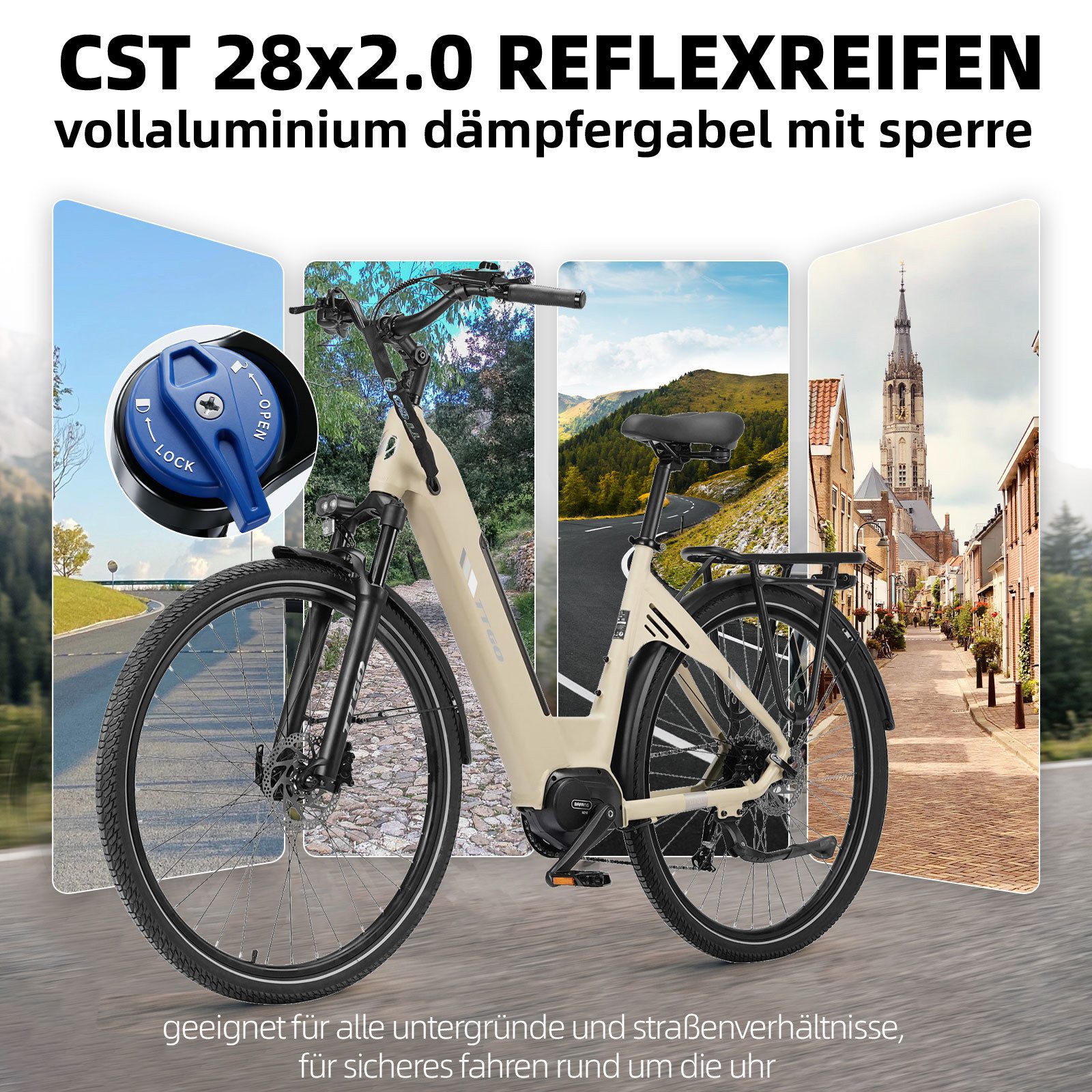 TTGO E-Bike Cityrad 28 Zoll, 75Nm Mittelmotor, Drehmomentsensor, 140km, Lockout-Federgabel, 9 Gang Shimano, Kettenschaltung, Mittelmotor, 648 Wh, Tiefeinstieg,  – Bild 4 von 5