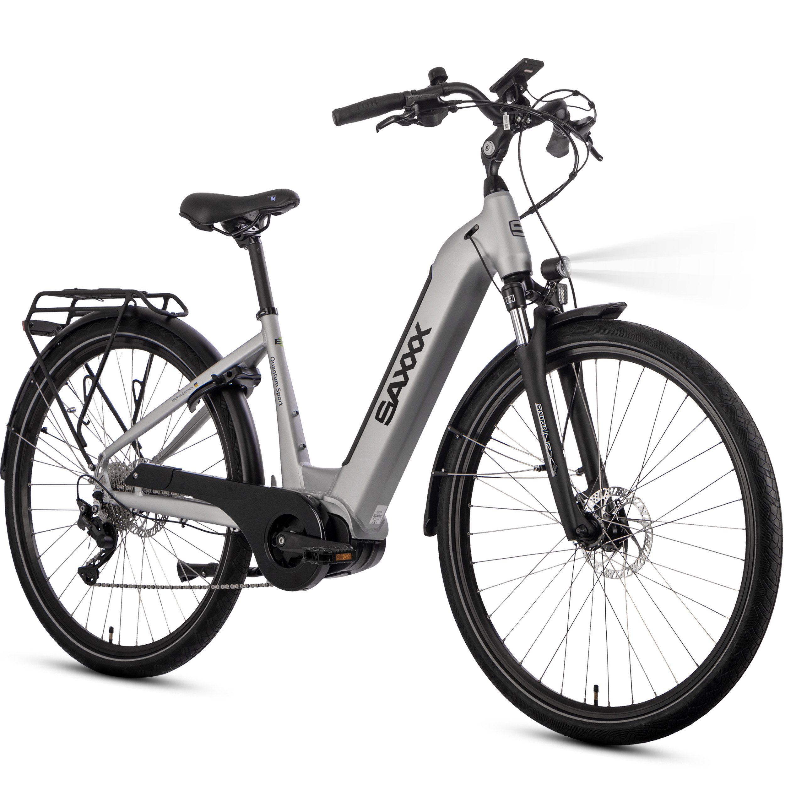 SAXXX E-Bike Trekkingrad Damen u. Herren 28'' SAXXX QSW, 540Wh, 60-100m, hydr. Scheibenbremsen, 10 Gang SHIMANO Deore Schaltwerk, Kettenschaltung, Mittelmotor, 540 Wh, (mit Akku-Schlüssel, mit entnehmbarem Akku, mit Gepäckträger), 25km/h, Pedelec E-Trekki