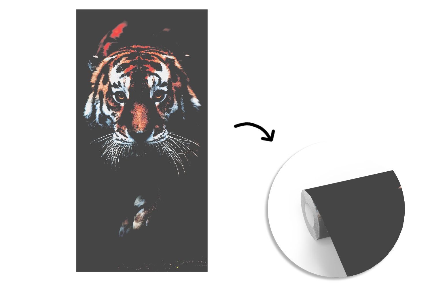 (2 MuchoWow Tiger Wild Schlafzimmer bedruckt, Matt, - Fototapete Schwarz Wohnzimmer - St), - Porträt, Vliestapete Küche, für - Tiere Fototapete