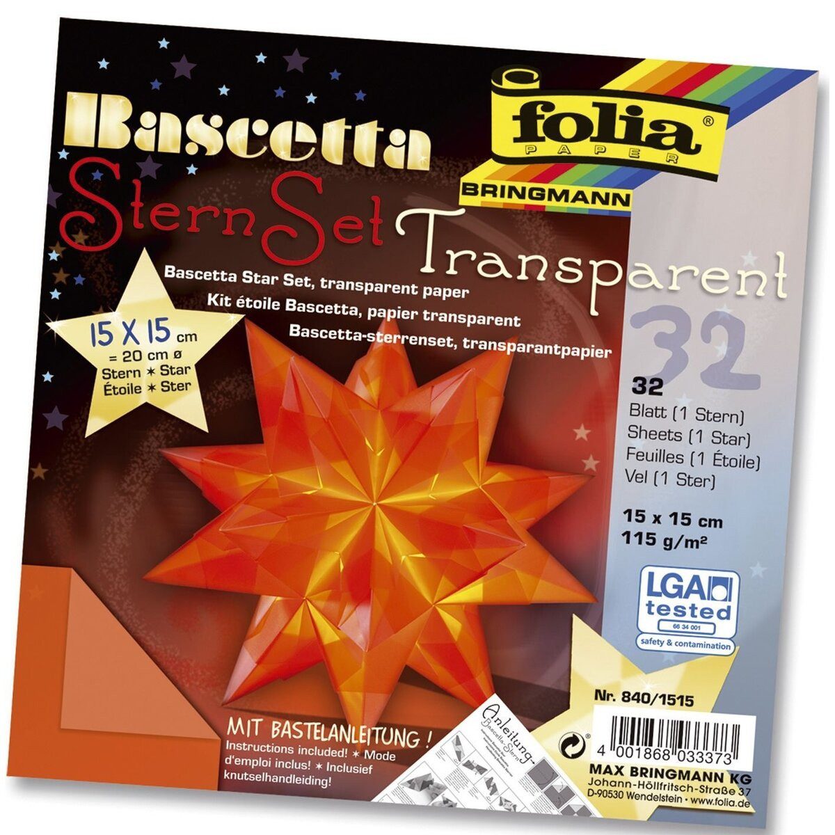 Folia Bastelfilz Bascetta Stern - orange transparent Ø 20 cm.