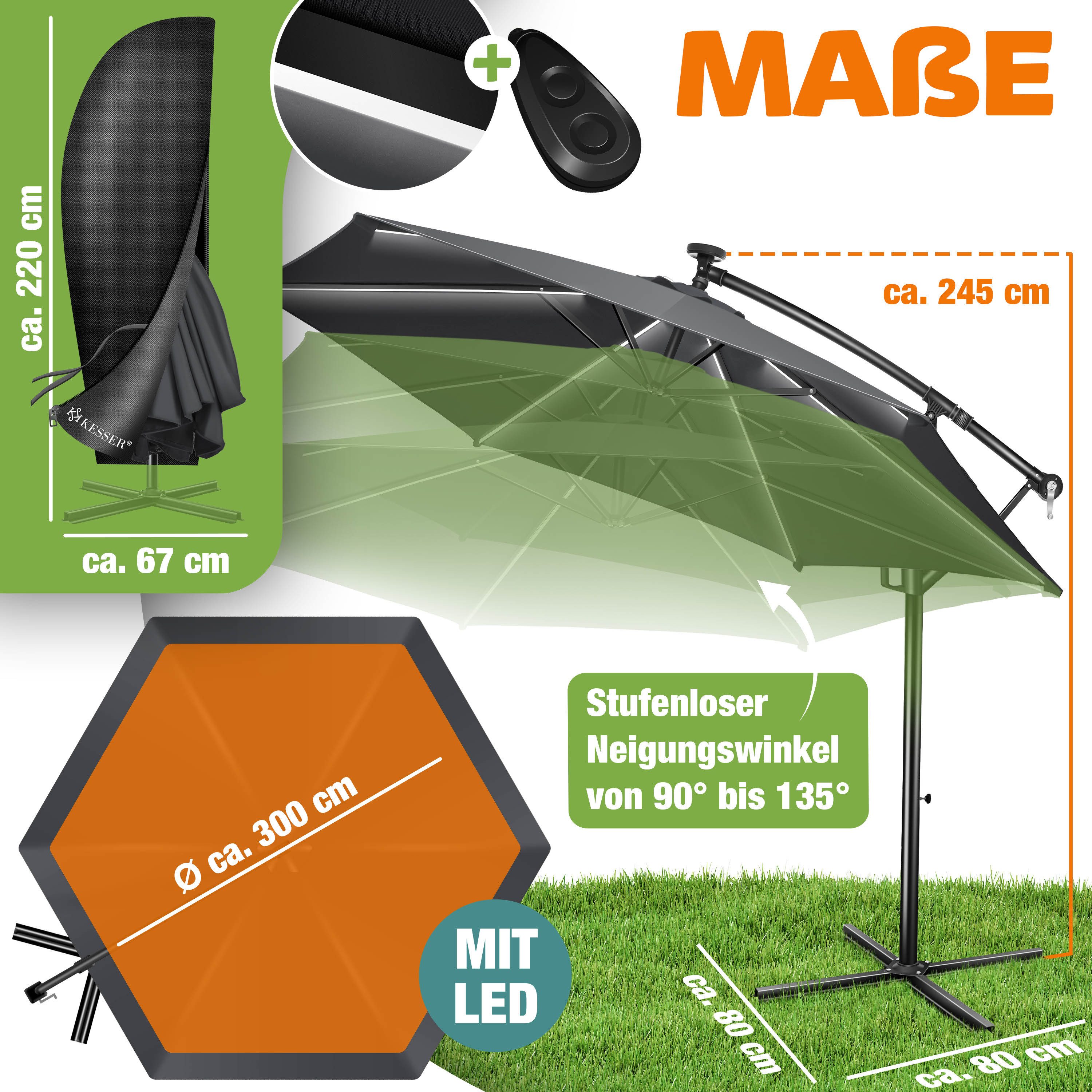 KESSER Ampelschirm ⌀300cm Alu Sonnenschirm mit LED Solar Inkl. Abdeckung & Fernbedienung, Kurbelschirm mit Ständer Wasserabweisend, 360° Funktion & UV-Schutz