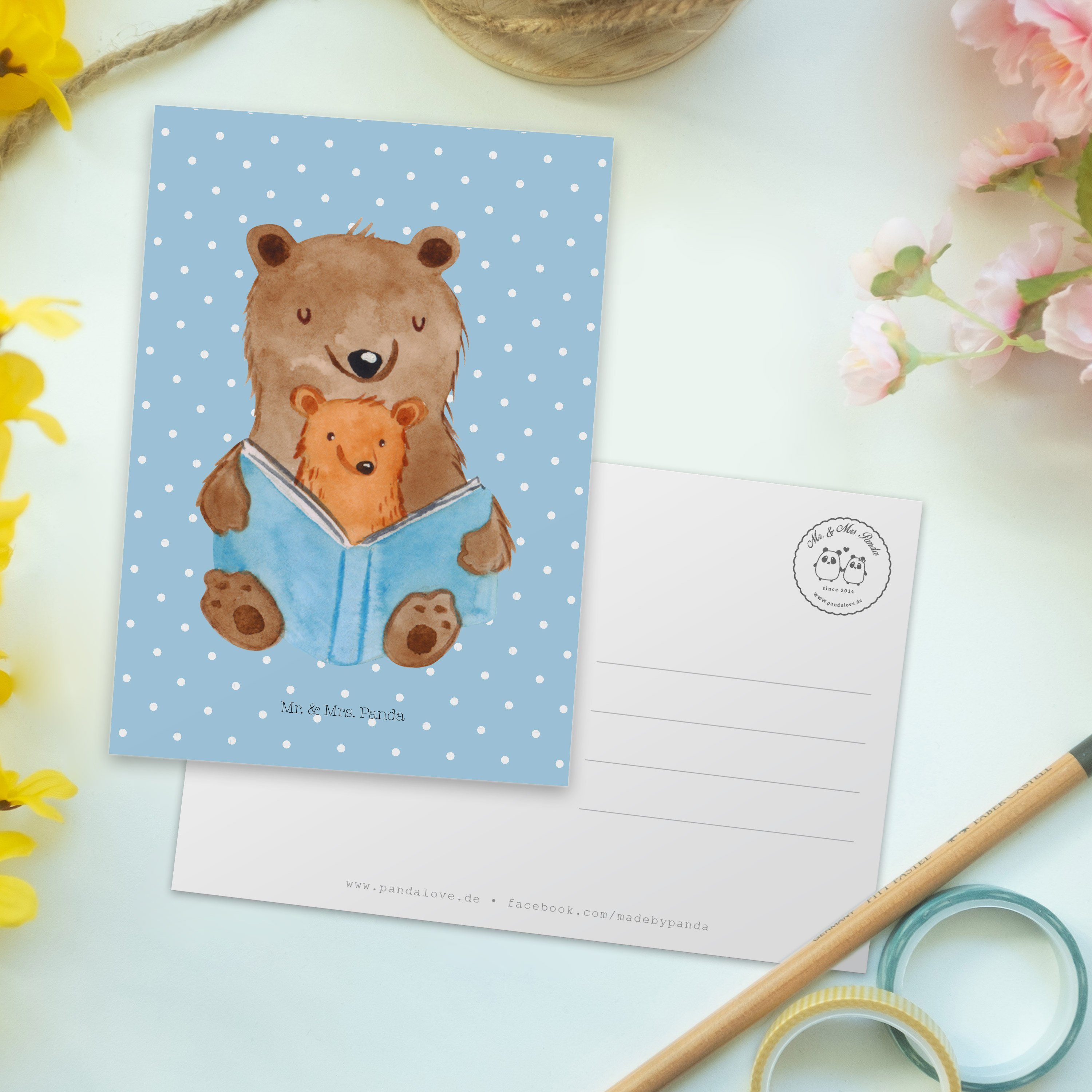 Panda - Mama, Geschenk, Postkarte - Buch Bären Dankeskarte, Einladung, & Mr. G Blau Mrs. Pastell