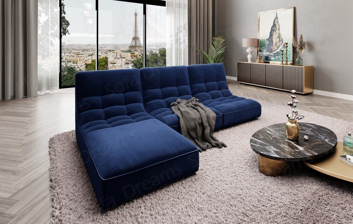 Sofa Dreams Ecksofa Samtstoff Sofa Design Couch Melilla L Form Stoffsofa, Loungesofa dunkelblau77