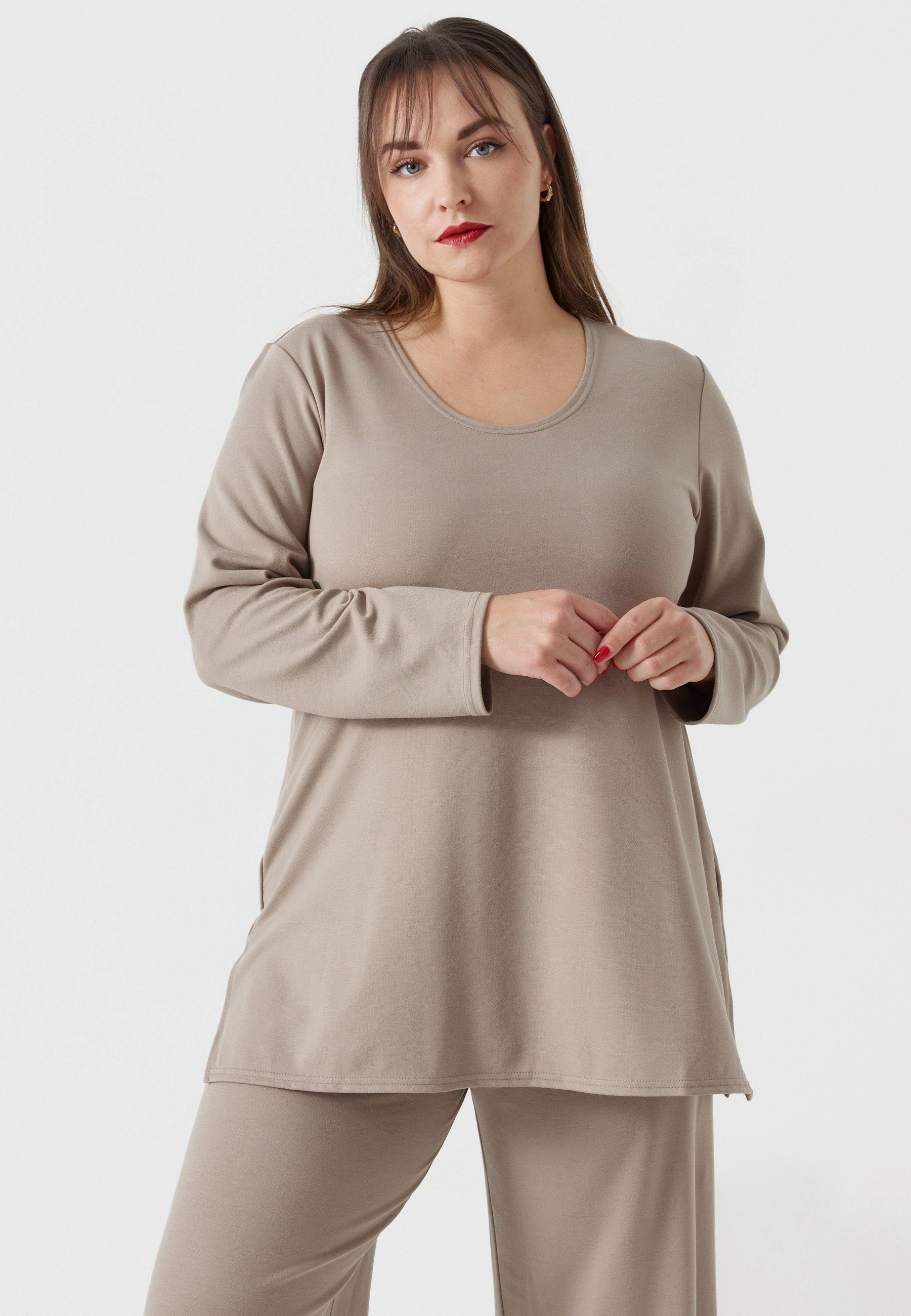 Kekoo Tunikashirt Longsleeve Shirt A-Linie mit Elasthan 'Essential' Beige | Tunikashirts