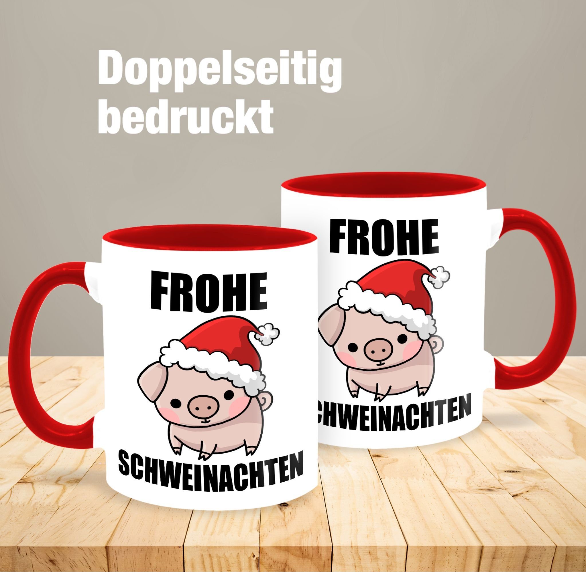 Weihnachtstasse Keramik, Frohe Rot Shirtracer Schweinachten, Tasse 1