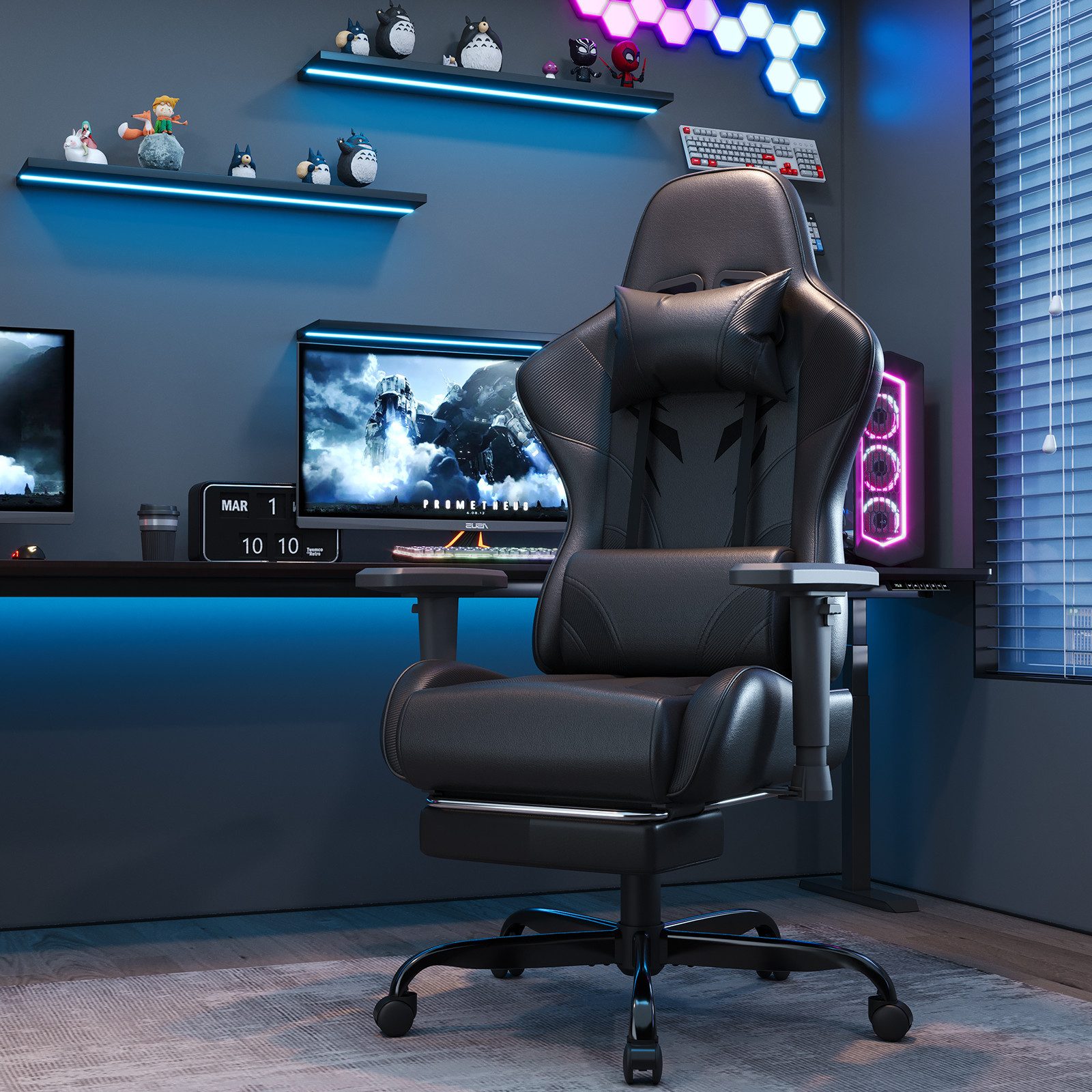 HOMALL Gaming-Stuhl Massage Gaming Stuhl mit Fußstütze 90-135° Rückenlehne einstellbar (Bürostuhl Ergonomisch,Verstellbarem Lenden- & Kopfkissen,mit Fußstütze), Ergonomischer Bürostuhl,Kopfstütze und Lendenstütze