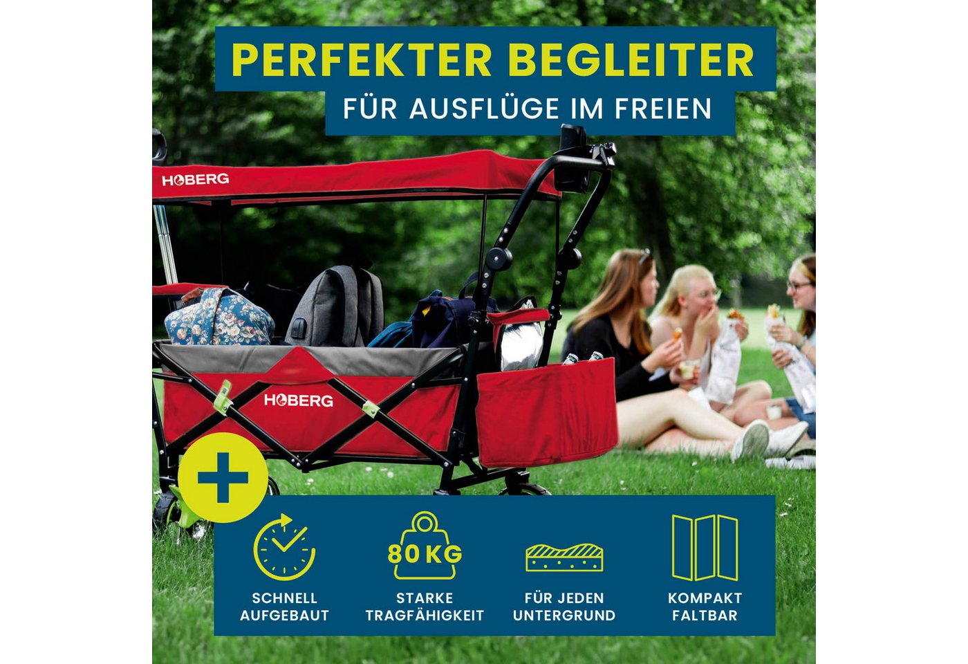 Thumbnail - Hoberg Bollerwagen inkl. Dach Getränkehalte & Tasche, inkl. Kühltasche Transportkarre 80kg faltbar