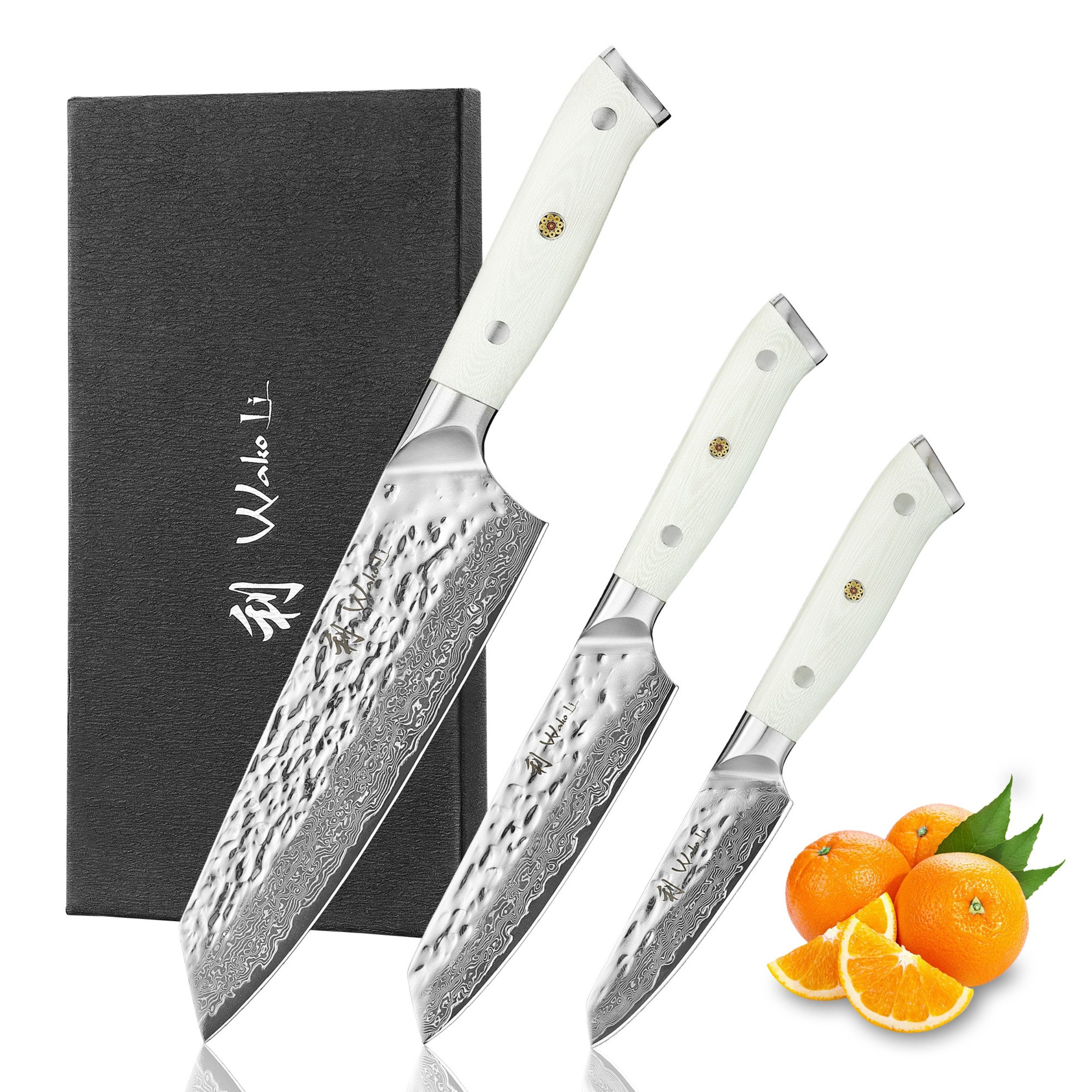 Wakoli Messer-Set Perle Blanche Damast 3-tlg.Küchenmesserset G10 Griffe in Geschenkbox (3er Damastmesser-Set, 3-tlg., 3er Damastmesser-Set), Hammerschlag-Klinge, Full-Tang-Griff