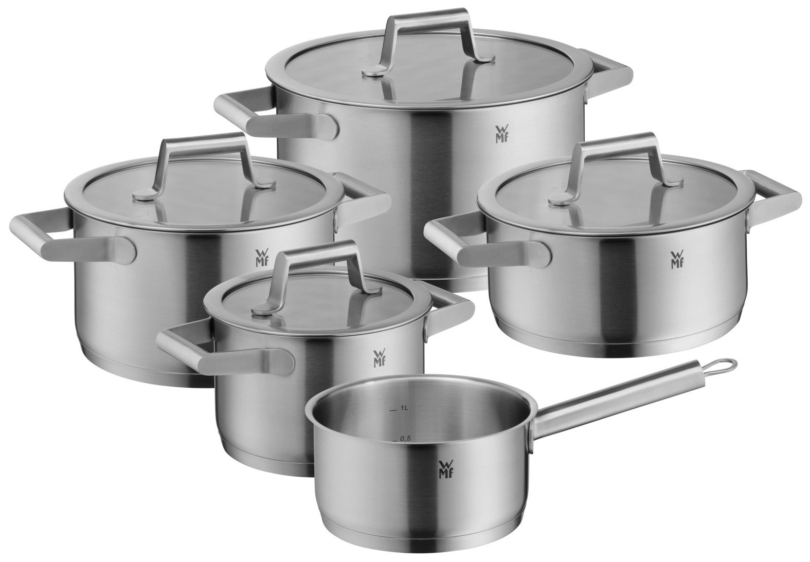 WMF Topf-Set Comfort Line, Cromargan Edelstahl 18/10, (Induktion, 5-tlg., mit Glasdeckel), stapelbar, unbeschichtet