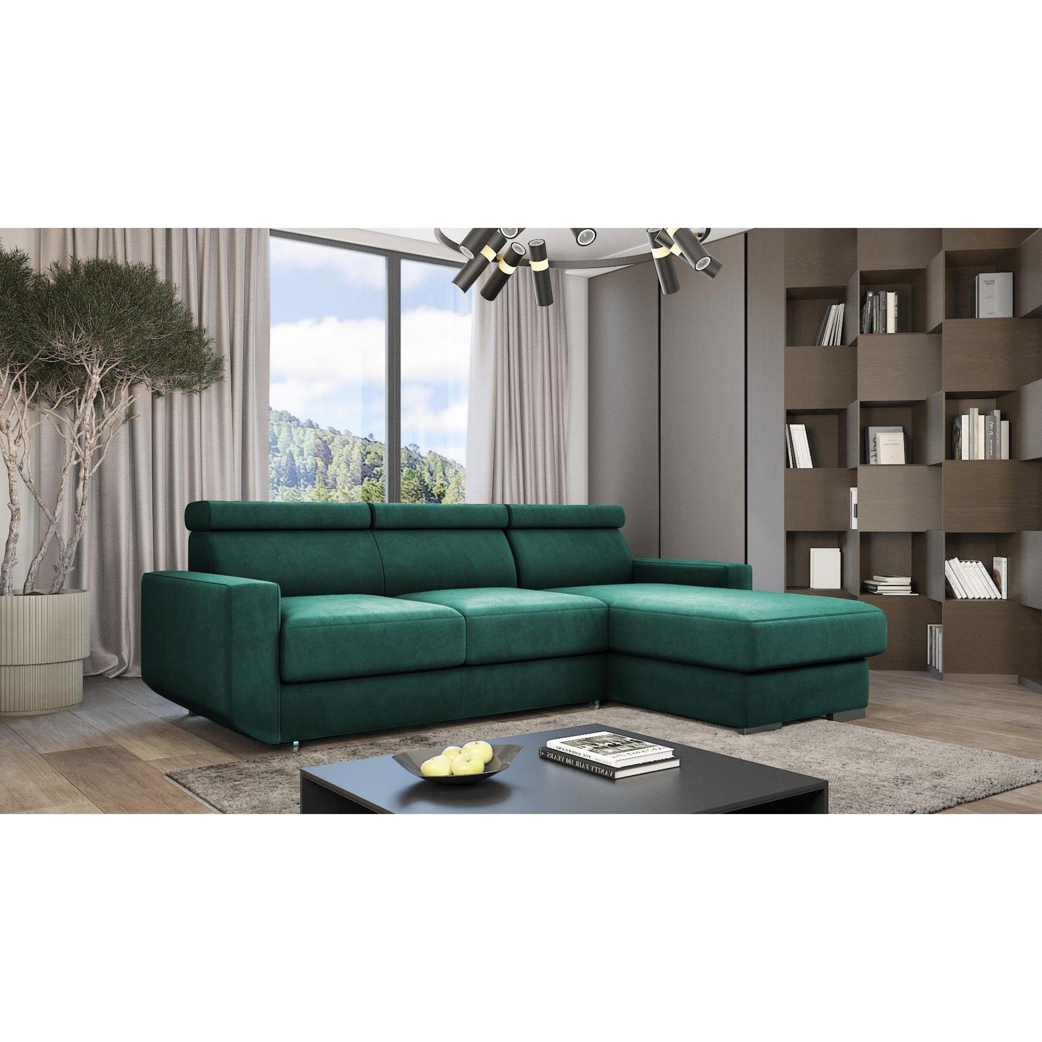 Beautysofa Ecksofa Bonny, universelle L-Form Sofa mit Wellenunterfederung, mit Relaxfunktion, Velours-Bezug, verstellbare Kopfstützen Flasches grün (monolith 37)