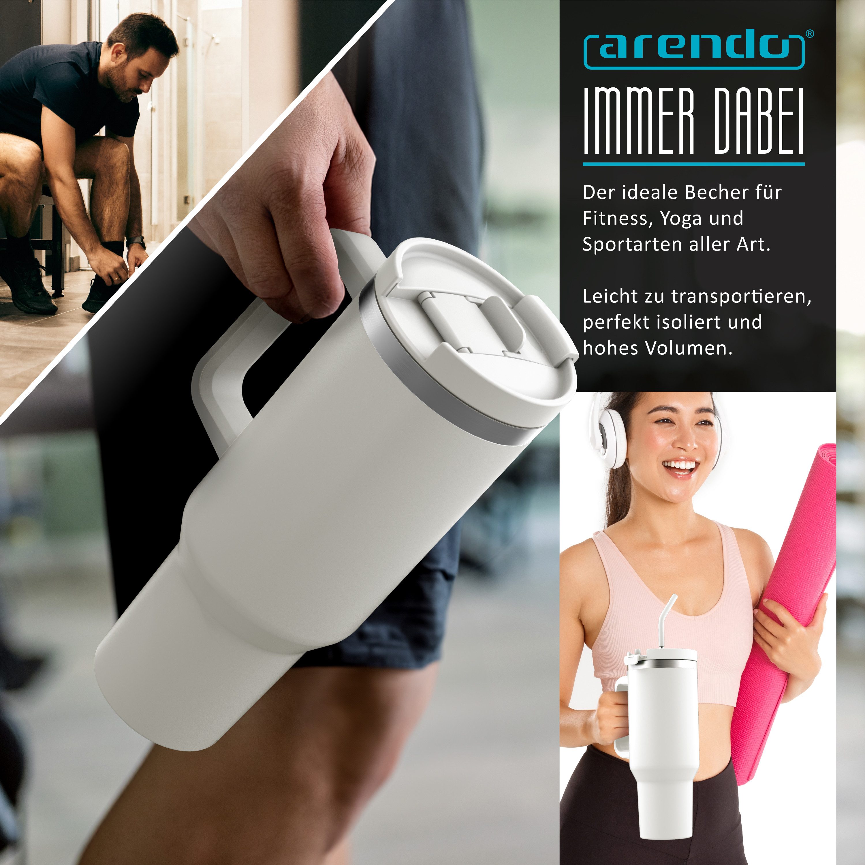 Arendo Thermobecher Tumbler 1200 ml, Becher mit Deckel, Henkel und Strohhalm, Thermal Mug, 1-tlg., Edelstahl, kohlensäuregeeignet, auslaufsicher, doppelwandig,  – Bild 4 von 5