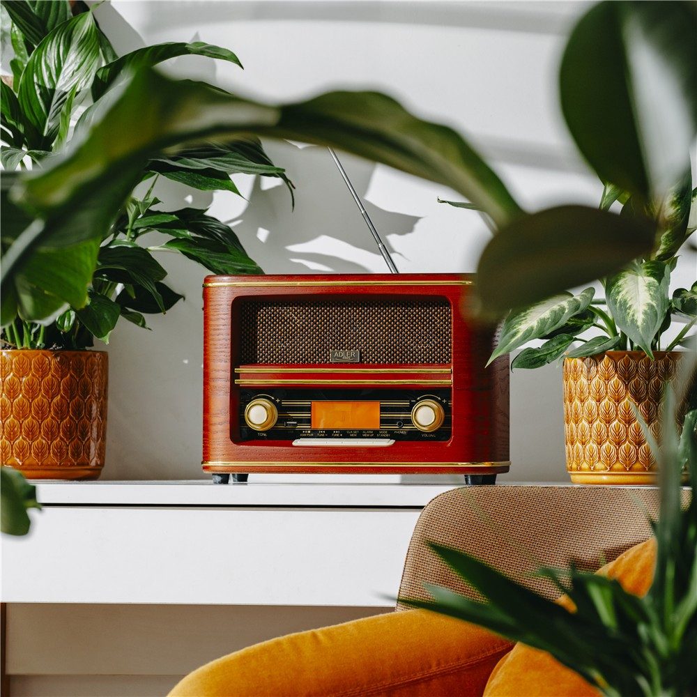 ADLER EUROPE AD 1187 Vintage Design Radio mit Bluetooth Retro-Radio (FM-Radio, Kopfhöreranschluss, AUX-Eingang, Bluetooth, USB-MP3-Wiedergabe, Wecker, Uhr, Sleep Timer, LCD-Display, Stereo Lautsprecher, Braun)