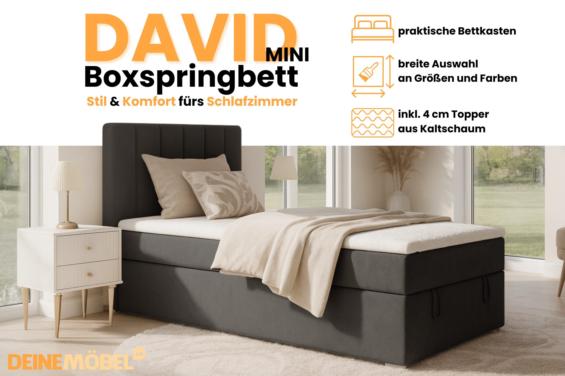 Deine Möbel 24 Boxspringbett DAVID MINI Boxbett Polsterbett Kompletbett Velours Samt (Jugendbett Jugendzimmer Schlafzimmer Bett, 3-St., 100x200 120x200 Creme Beige Hellgrau Grau Anthrazit Schwarz), Bonellfederkern- H3 oder Taschenfederkern-Matratze 7 Zonen H4