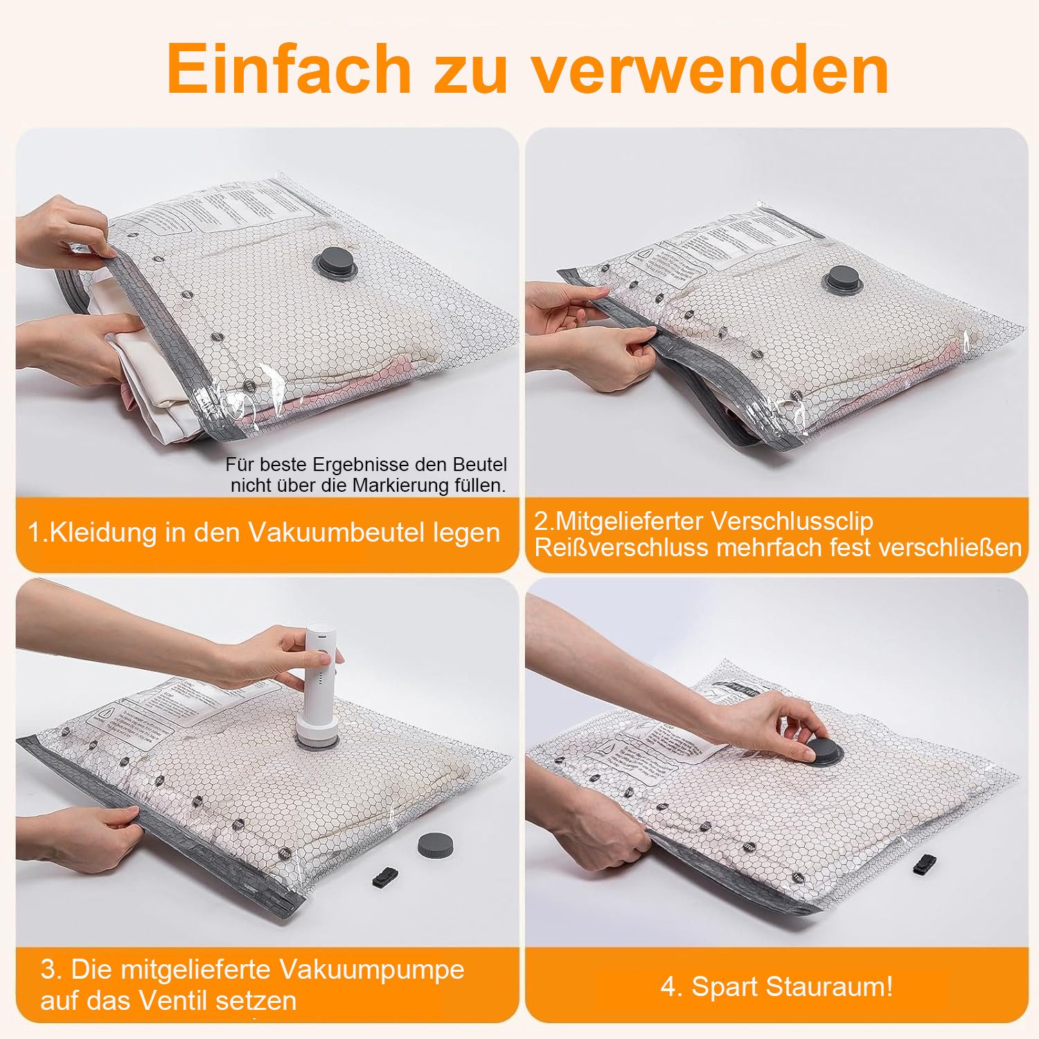 Futicare Kofferorganizer Vakuumbeutel für Kleidung mit kabelloser Vakuumpumpe 15 Stück (Transparente, langlebige und wiederverwendbare Vakuumbeutel in drei Reis – Bild 5 von 5