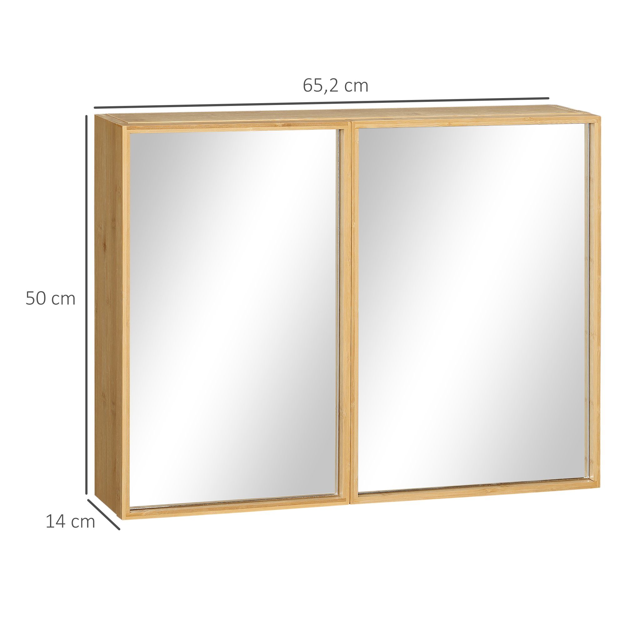 Kleankin Spiegelschrank Wandschrank mit 3 Innenböden, Badspiegelschrank mit Doppeltür (Badezimmerschrank mit Spiegel, 1-St., Hängeschrank) Bambus, Natur, 65,2 x 14 x 50 cm