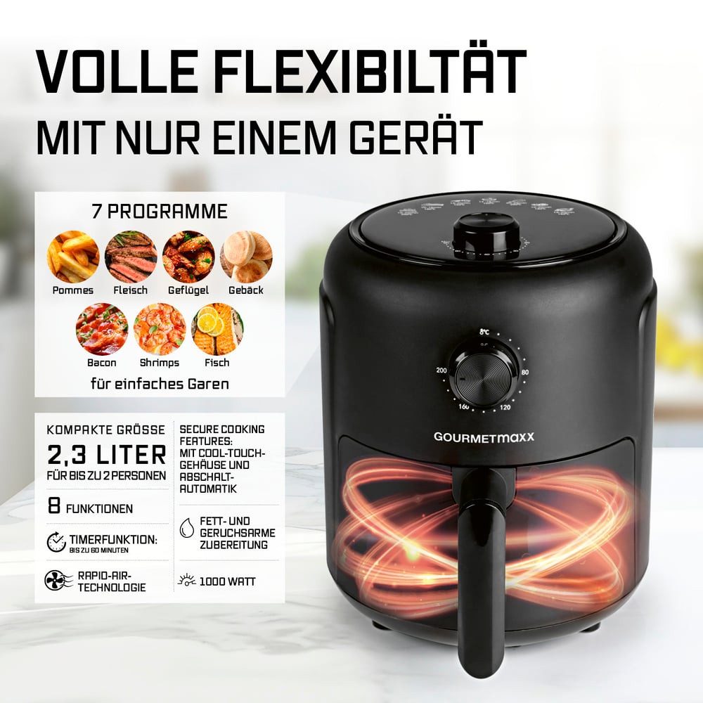 GOURMETmaxx Heißluftfritteuse 2,3 l, Airfryer mit Timerfunktion (60 Minuten Timer), 100 W, Nahezu ohne Öl, Vorheizen & Warmhalten, 1000 W &, 8 in 1 Funktionen