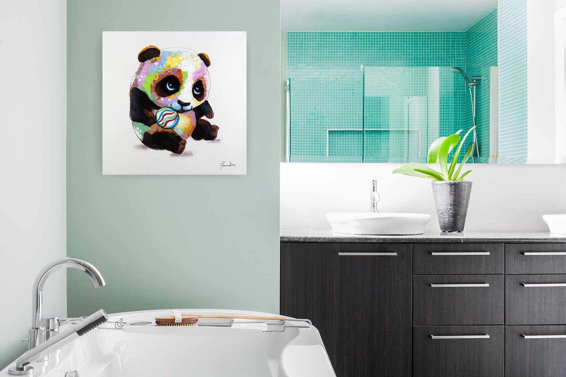 KUNSTLOFT Gemälde 100% Wohnzimmer cm, Spielender Leinwandbild HANDGEMALT Panda 60x60 Wandbild