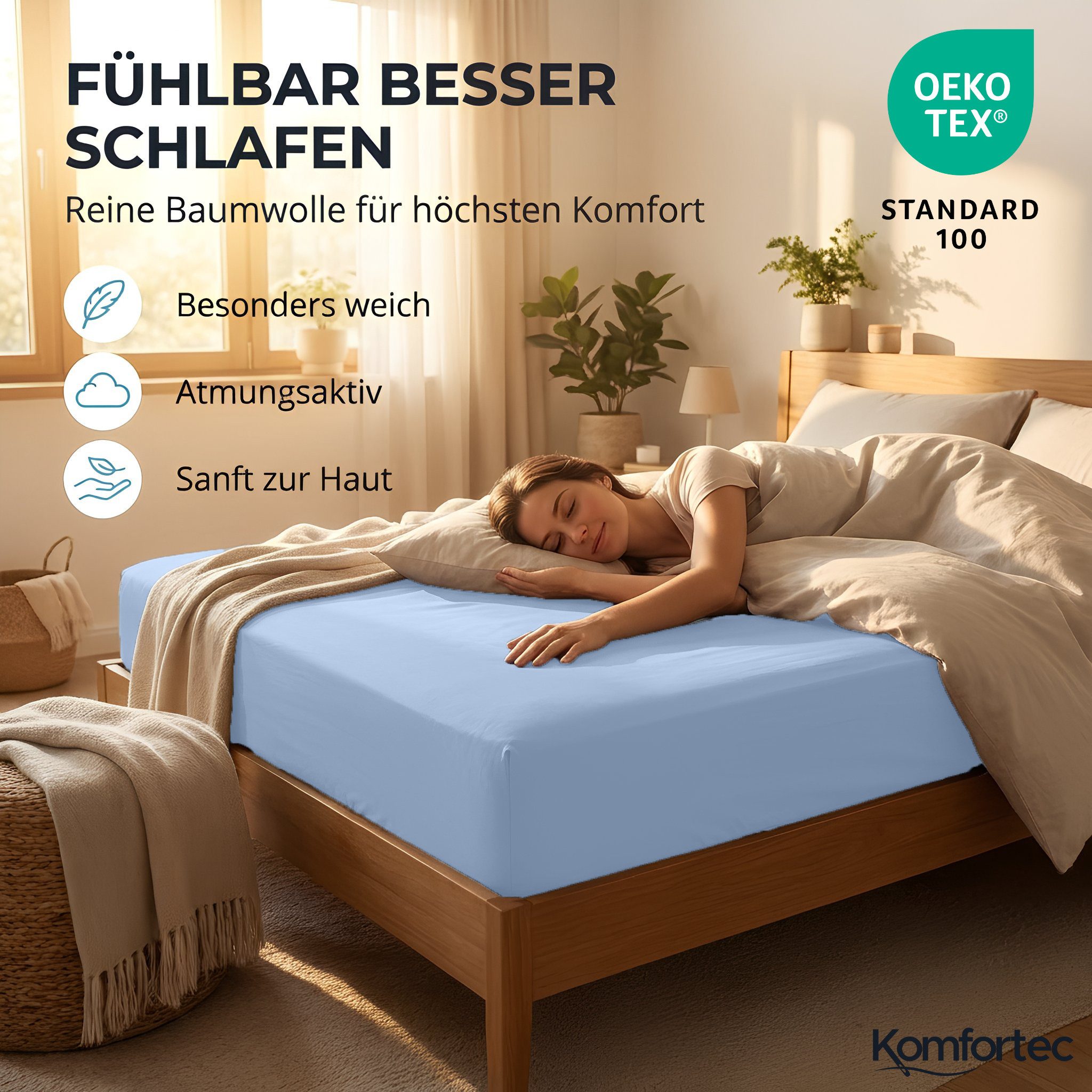 Komfortec Spannbettlaken Jersey Spannbettuch, 90x200, 140x200, 160x200, 180x200 oder 200x200 cm, 100% Baumwolle (135 g/m), Gummizug: Rundum, (1 Stück), OEKO-TEX – Bild 4 von 5