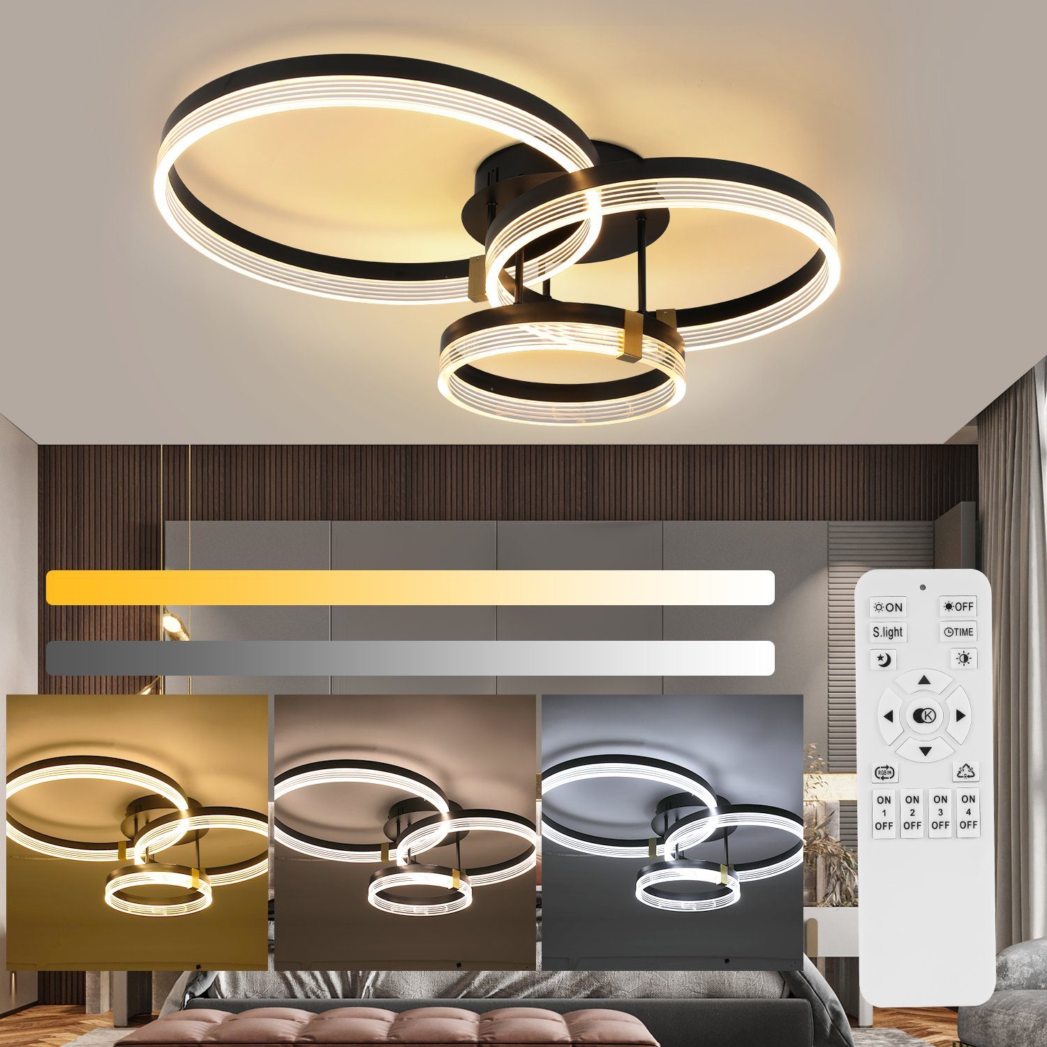 oyajia Deckenleuchte Modern Ringoptik LED Deckenlampe 42W, Schwarz Wohnzimmerlampe Dimmbare, LED fest integriert, Warmweiß, Neutralweiße, Kaltweiß, Ø30+40+50 cm, Design Deckenbeleuchtung für Schlafzimmer Büro Küche