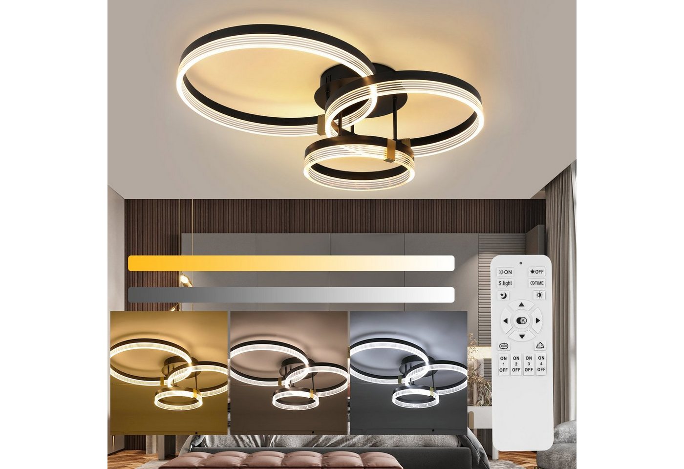 oyajia Deckenleuchte Modern Ringoptik LED Deckenlampe 42W, Schwarz Wohnzimmerlampe Dimmbare, LED fest integriert, Warmweiß, Neutralweiße, Kaltweiß, Ø30+40+50 cm, Design Deckenbeleuchtung für Schlafzimmer Büro Küche