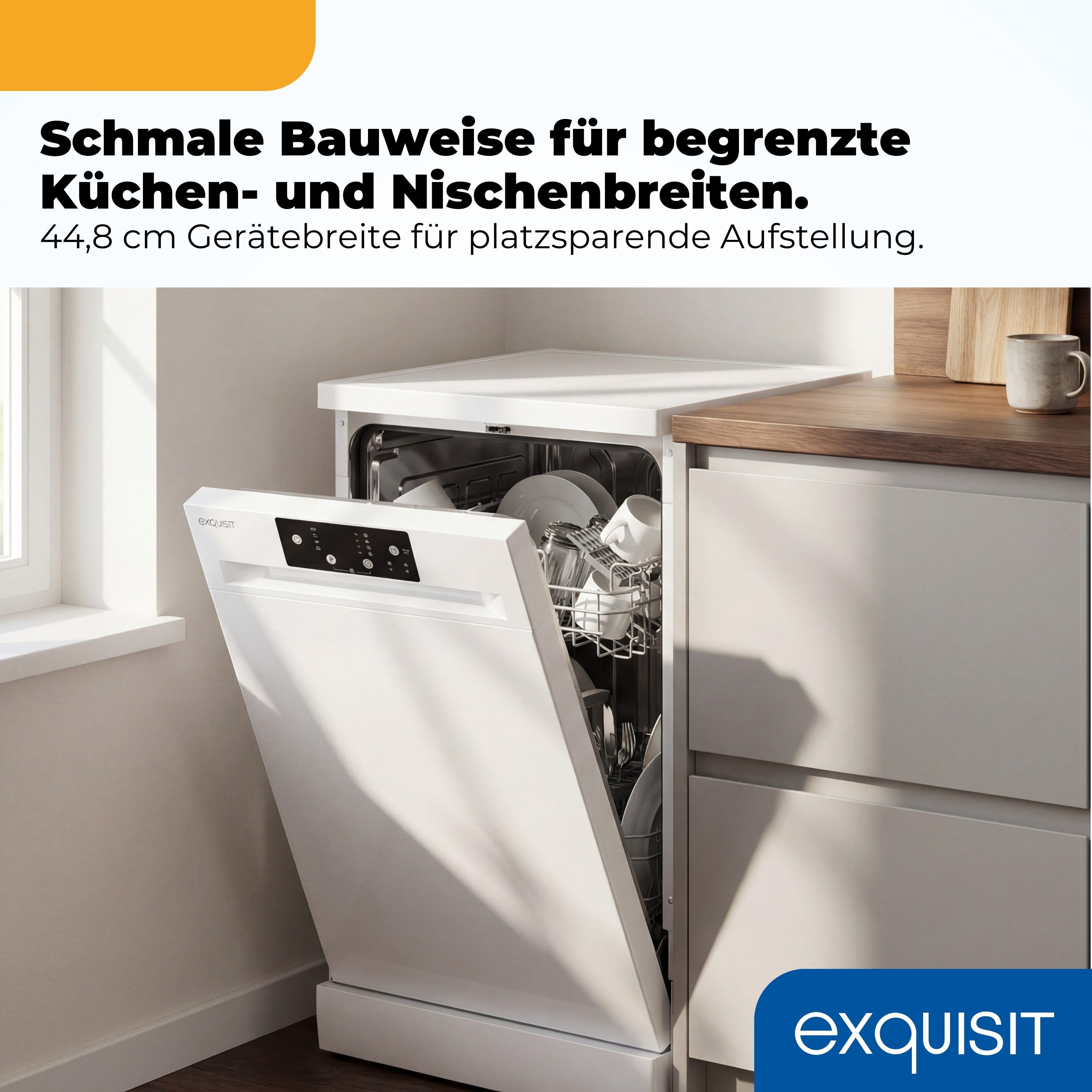 exquisit Standgeschirrspüler GSP9109-450D, 9 Maßgedecke, Edelstahl Innenbehälter, Energieklasse D, 49 dB Geräuschklasse C