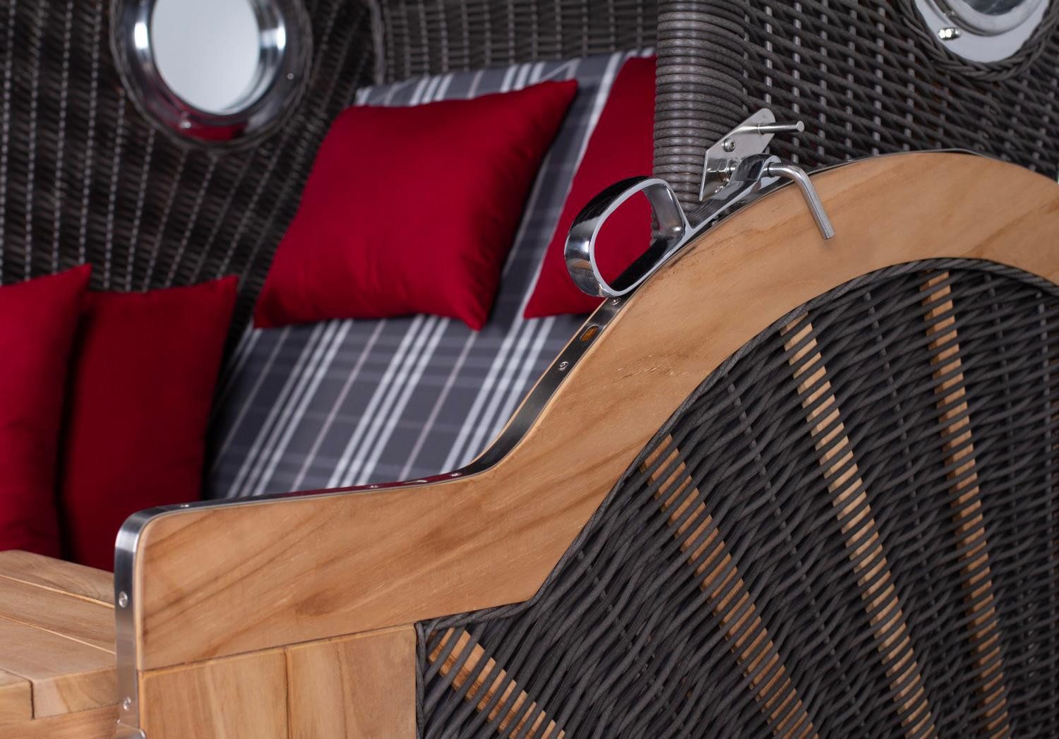 deVries PURE® Strandkorb Seemöwe XL - PE stone grey - Dessin 188, BxTxH: 140x95x160 cm, Halblieger, Ostsee-Strandkorb, Teakholz - Bullaugen - Kissenausstattung und Schutzhülle