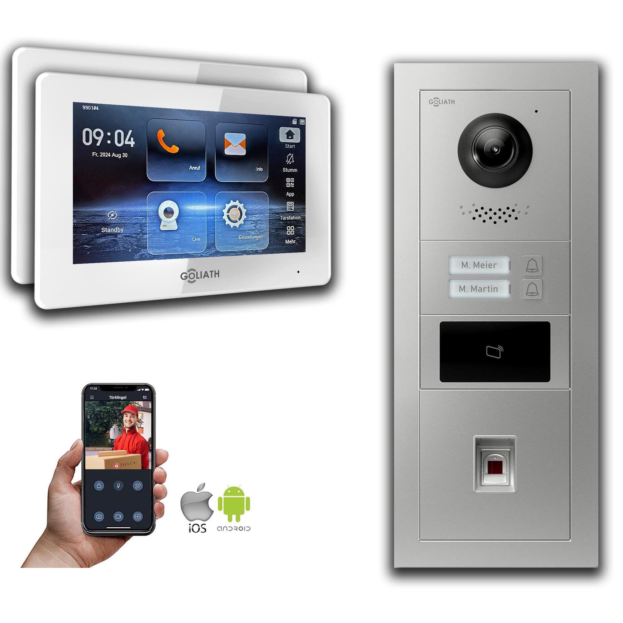 Goliath Intercom Video-Türsprechanlage Goliath IP Video Türsprechanlage: 7-Zoll 2 Familienhaus, Fingerprint, (Privat oder Gewerblich)