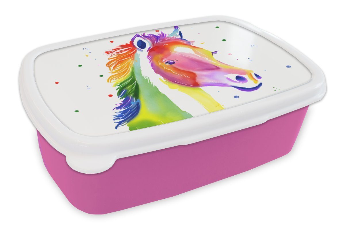 MuchoWow Lunchbox Pferd - Regenbogen - Polka dots - Mädchen - Kinder - Mädchen, Kunststoff, (2-tlg), Brotbox für Erwachsene, Brotdose Kinder, Snackbox, Mädchen, Kunststoff rosa