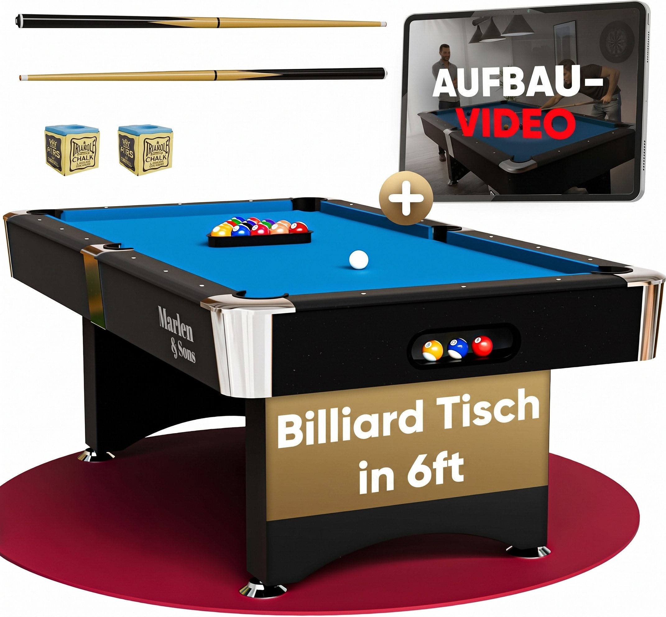 Marlen & Sons Billardtisch Marlen & Sons CueMaster Billardtisch mit Kugelrückführung und Zubehör