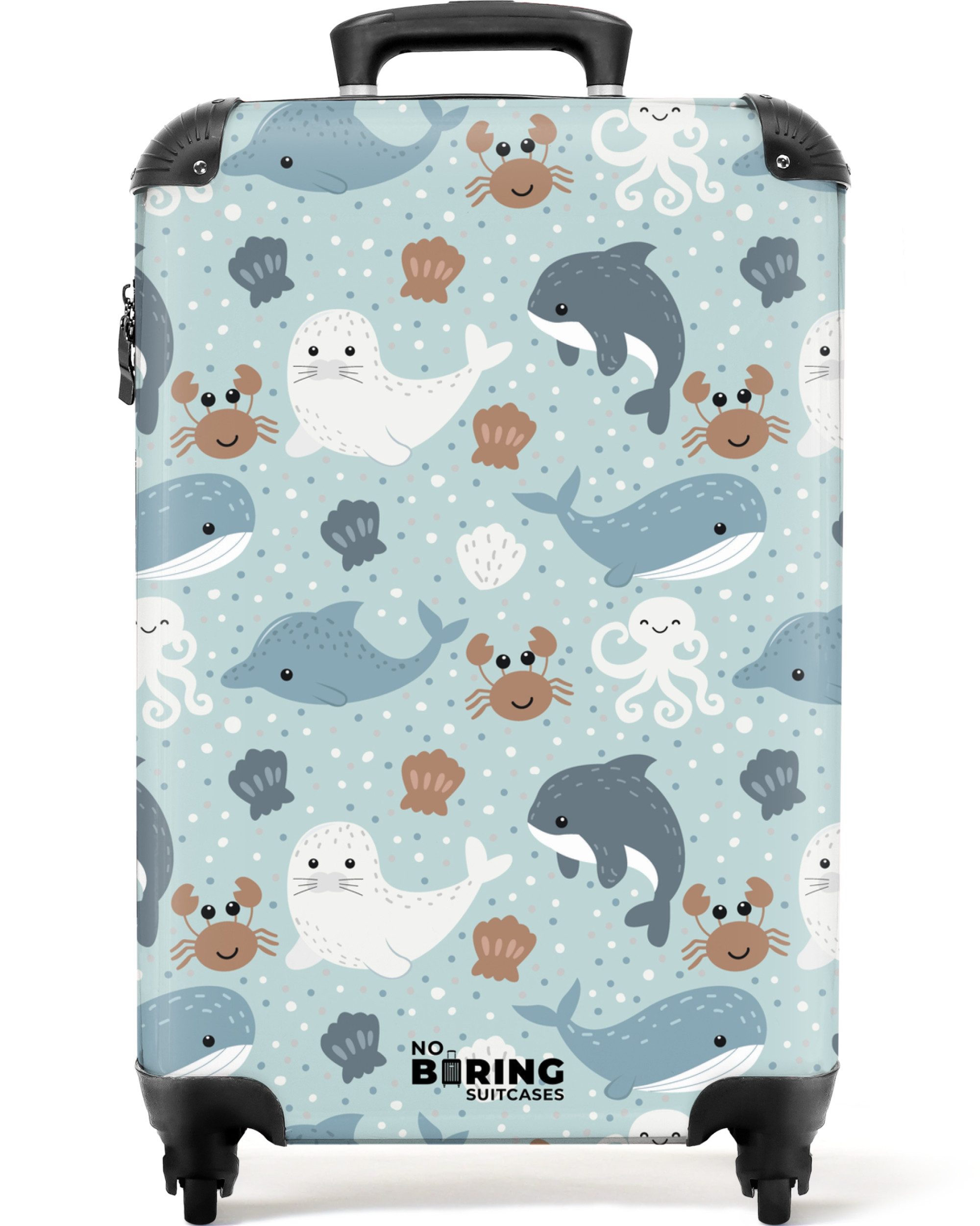 NoBoringSuitcases.com© Kinderkoffer Seetiermuster mit Delphinen, Robben und Krabben 55x35x20cm, 4 Rollen, Kinder Koffer Klein, Trolley Handgepäck, Reisekoffer