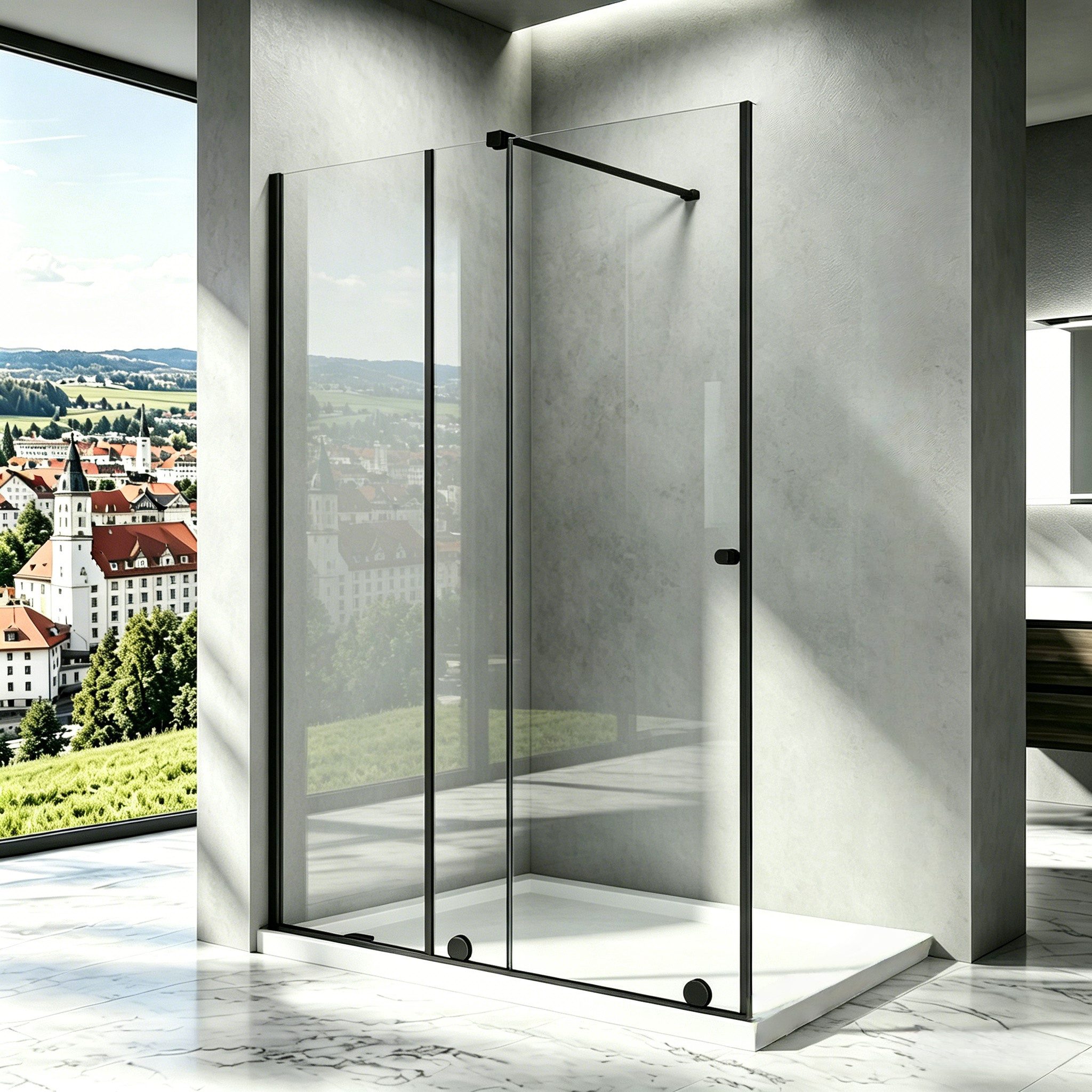 Boromal Duschwand für dusche Schiebetür Walk In Duschwand Schwarz (90-140) x 185cm, 6mm Sicherheitsglas, (Duschabtrennung Duschtrennwand, mit Haltestangen & Türrollen), Rechts-und Links montierbar