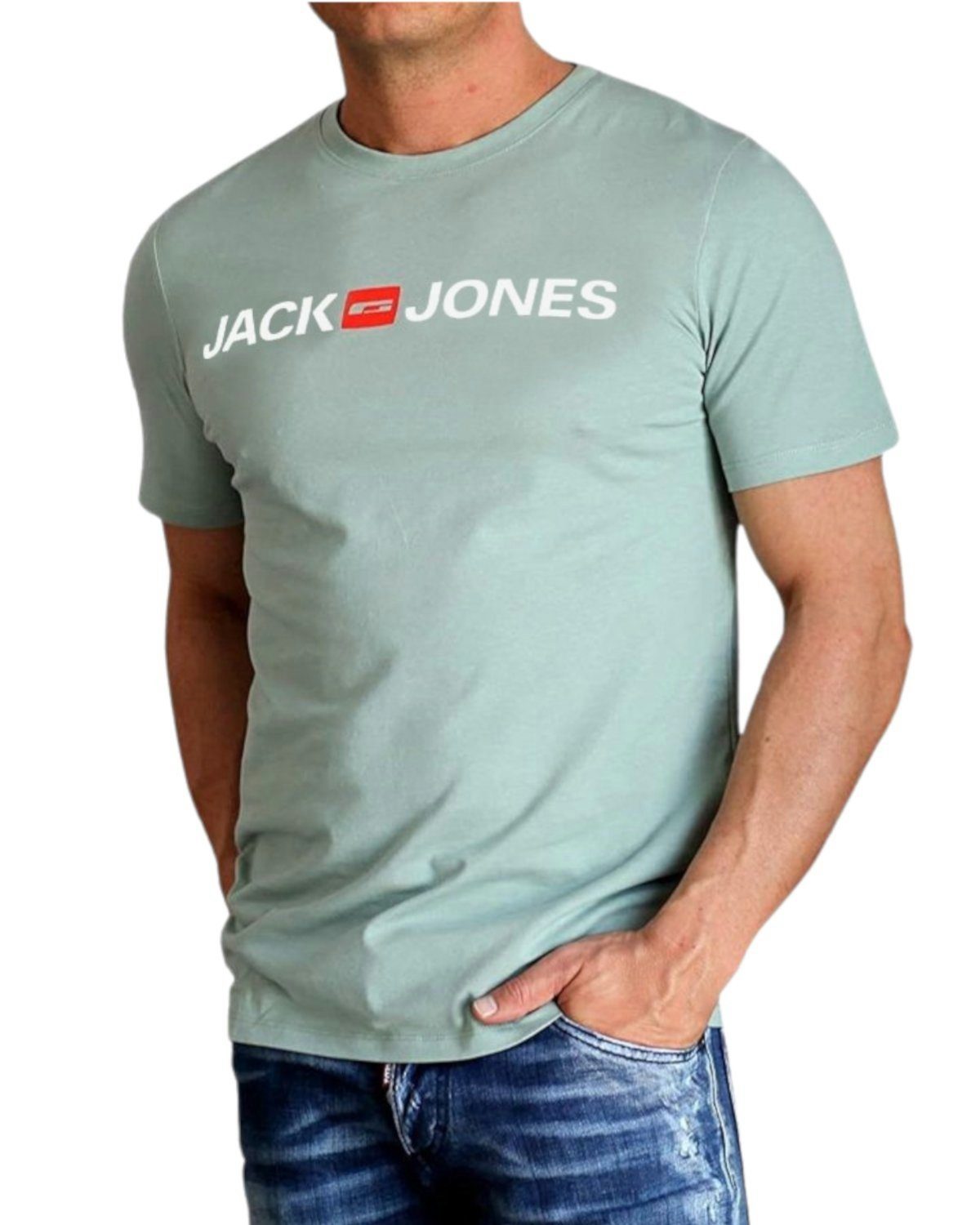 Jack & Jones Print-Shirt mit Rundhalsausschnitt, aus Baumwolle Iceberg Green Print White