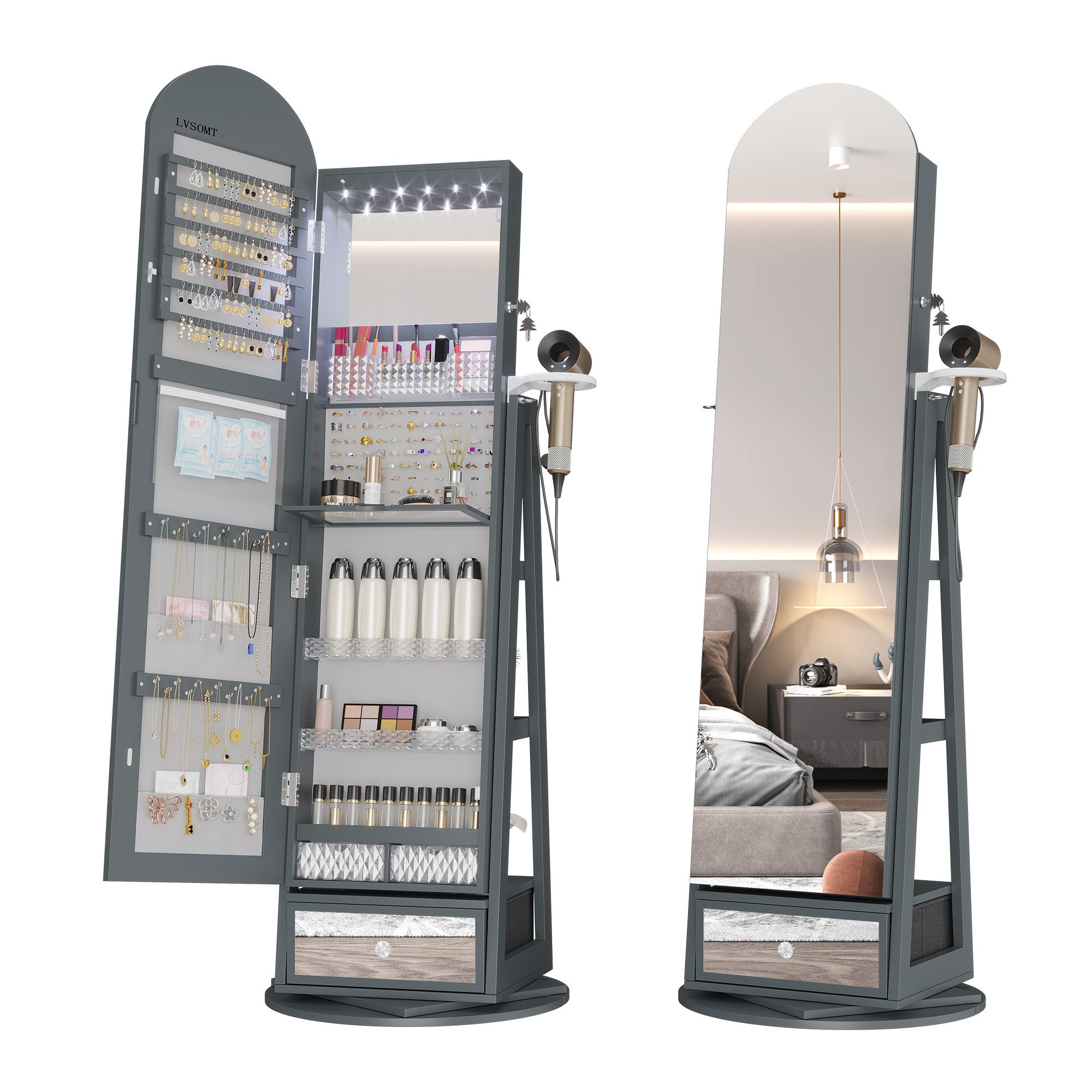 LVSOMT Schmuckschrank 360° Drehbar, LED Bogen günstig online kaufen