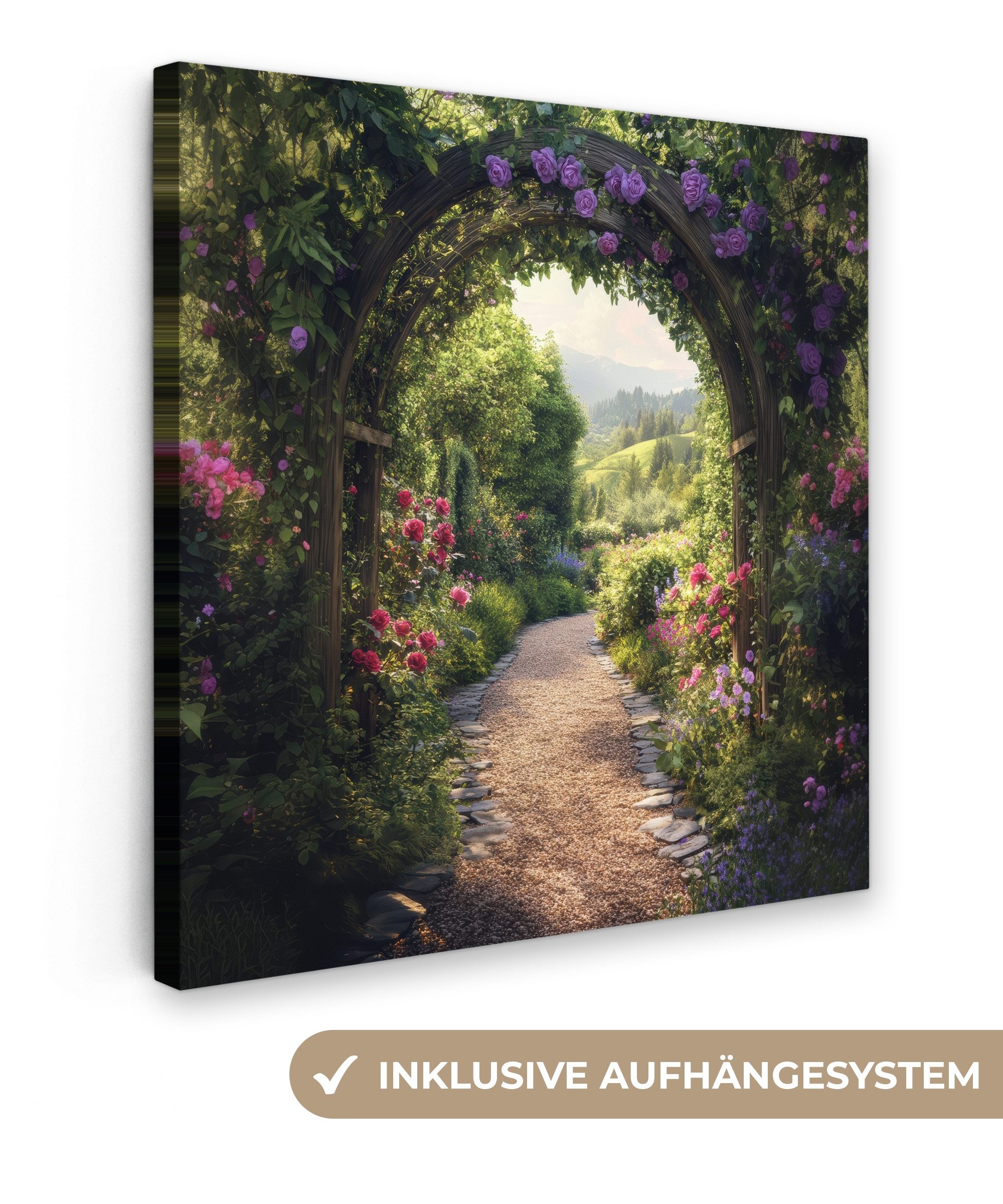 Leinwandbild Ausblick - Landschaft - Blumen - Gartenbogen - Natur